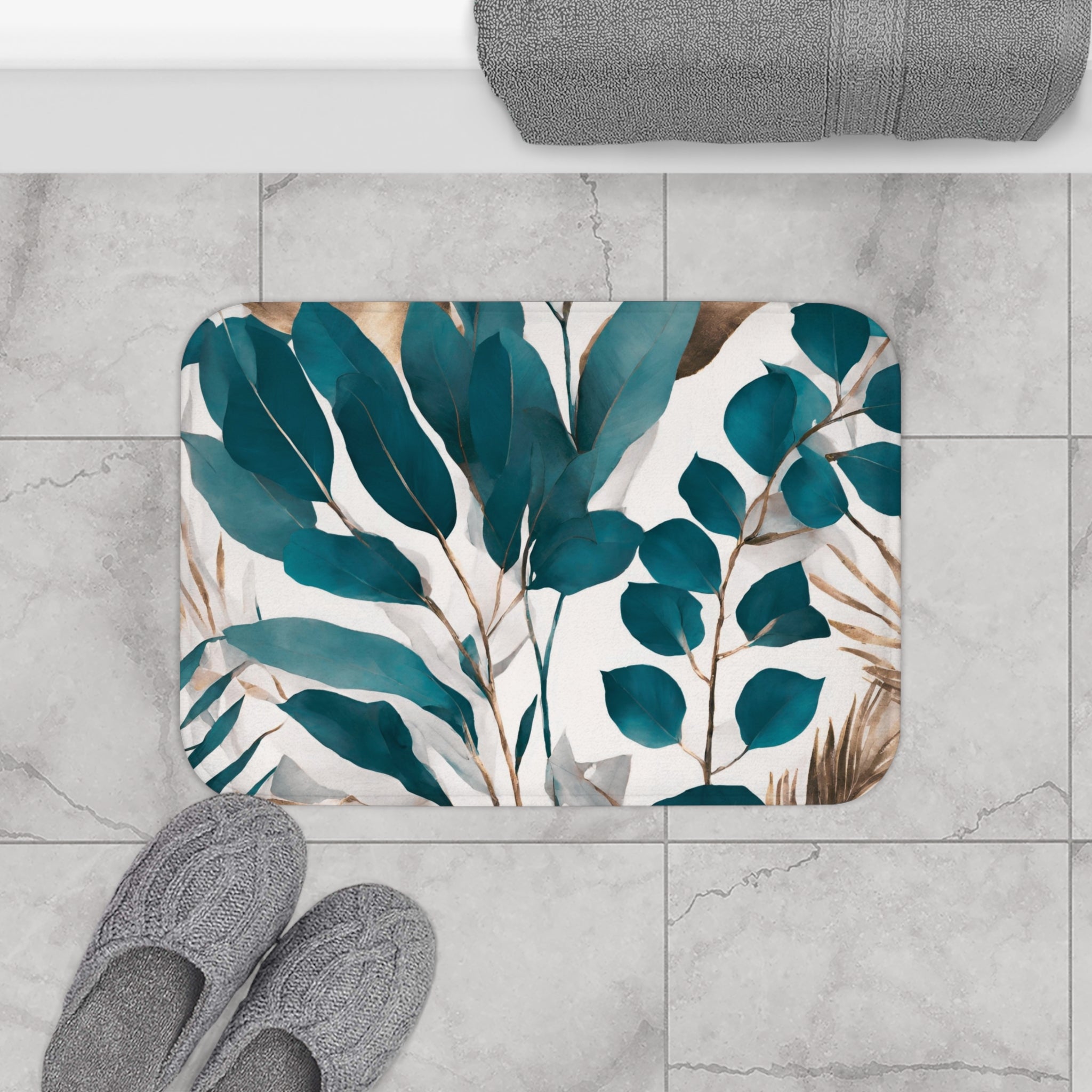 Boho Kitchen, Bath Mat | Floral Teal Green, Bronze Leaves Floor Mat