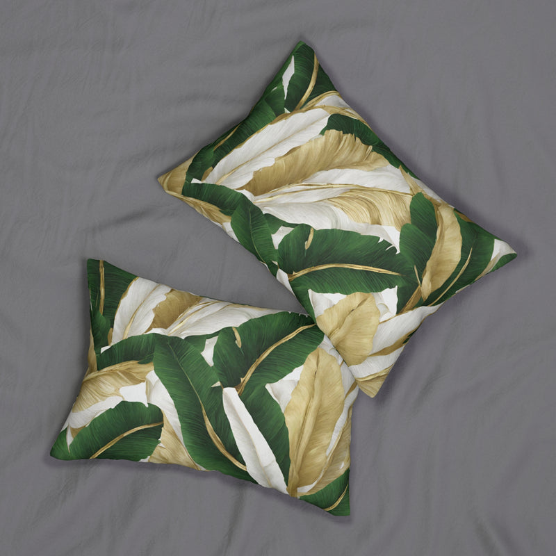 Floral Lumbar Pillow | White Sage Green, Gold Tropical Leaves