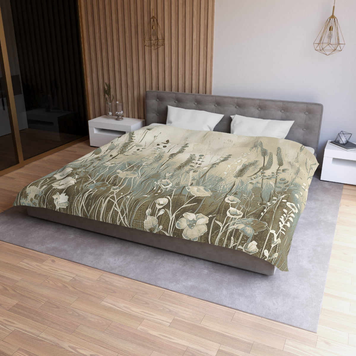 a modern bedroom with a large bed, a gray headboard, and a floral print bedspread. The room has a wooden floor and white walls, creating a serene and elegant atmosphere.