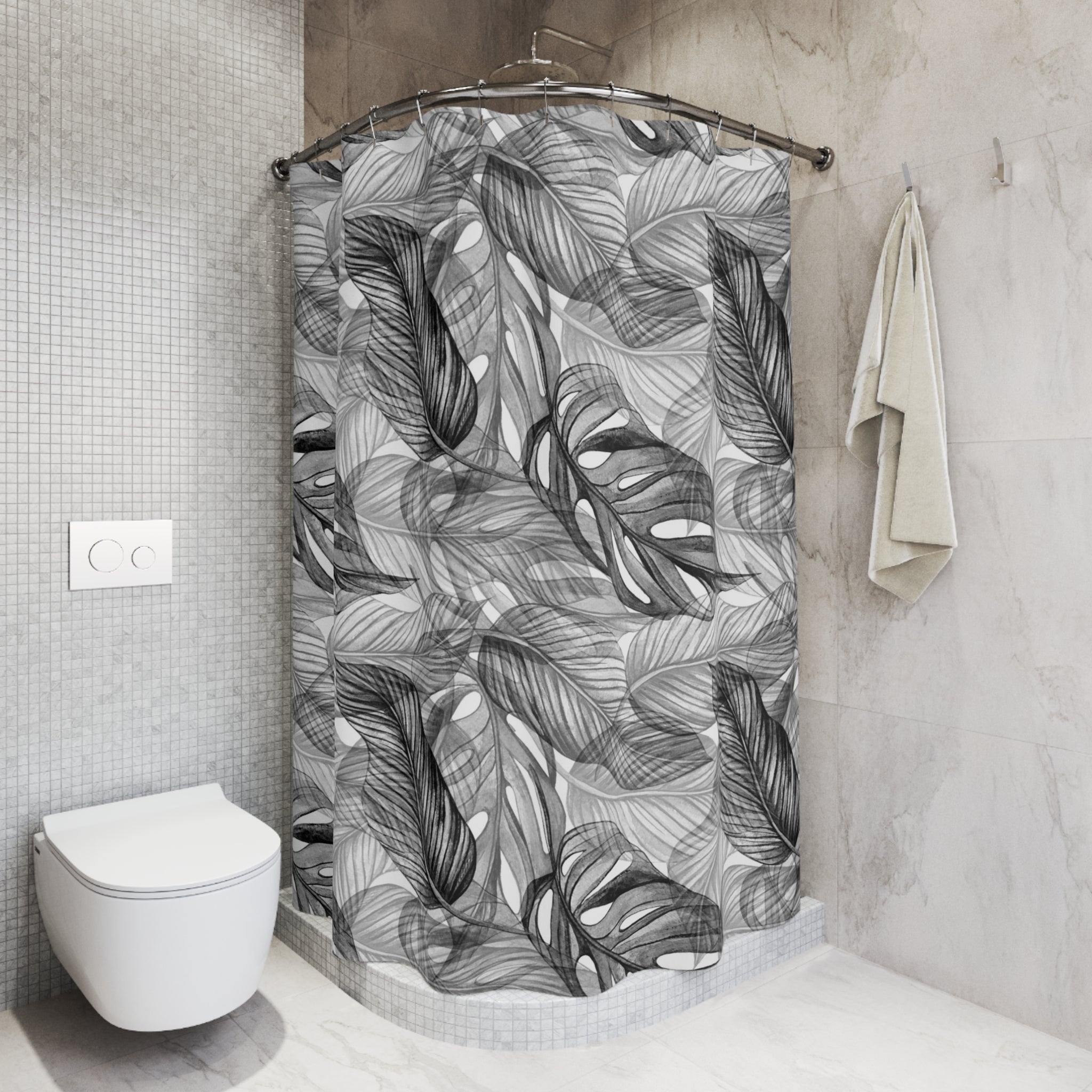 Black and White Tropical Leaf Shower Curtain | Minimalist Palm Botanical Bathroom Decor