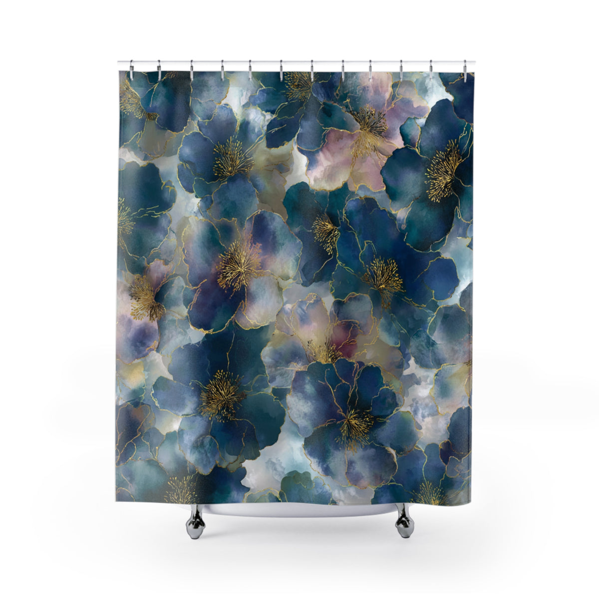 a shower curtain with a floral pattern in shades of blue, green, and gold.