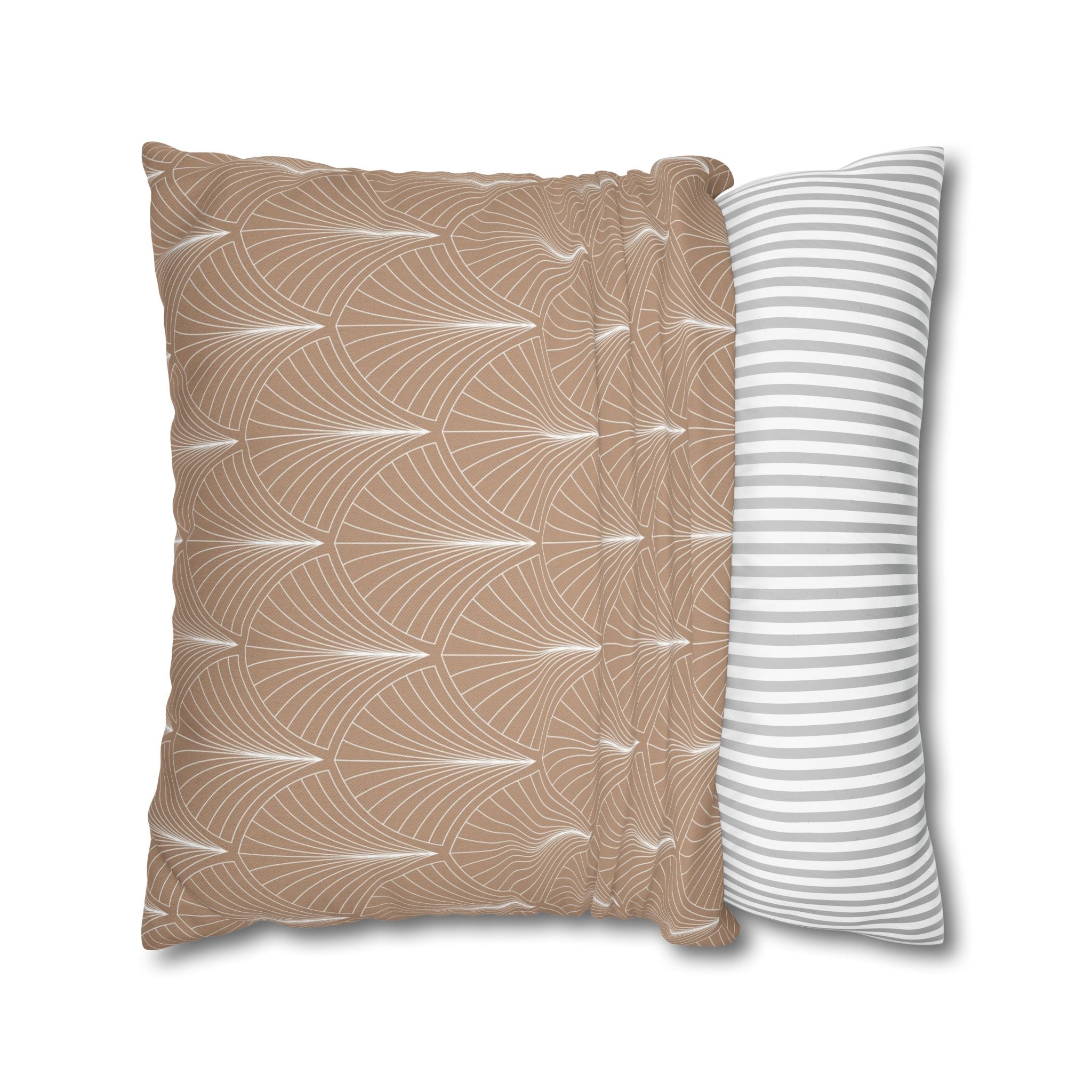 a decorative pillow with a repeating pattern of brown and white lines, creating a visually appealing and textured design.