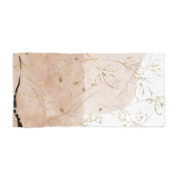 Abstract Boho Bath, Beach Towel | Beige White Gold Floral Ombre