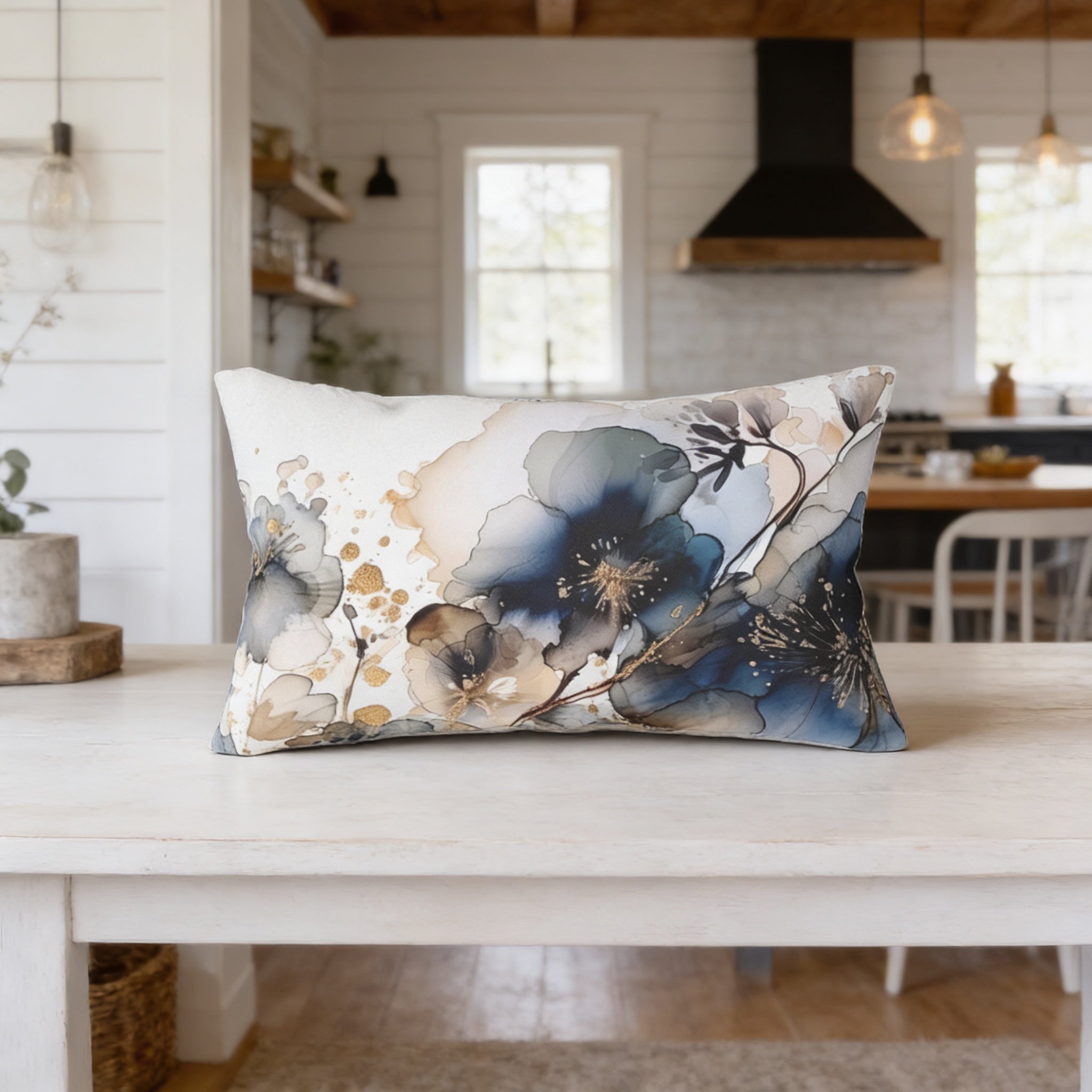 a white wooden table with a decorative pillow on it, which has a floral design in shades of blue and gold.