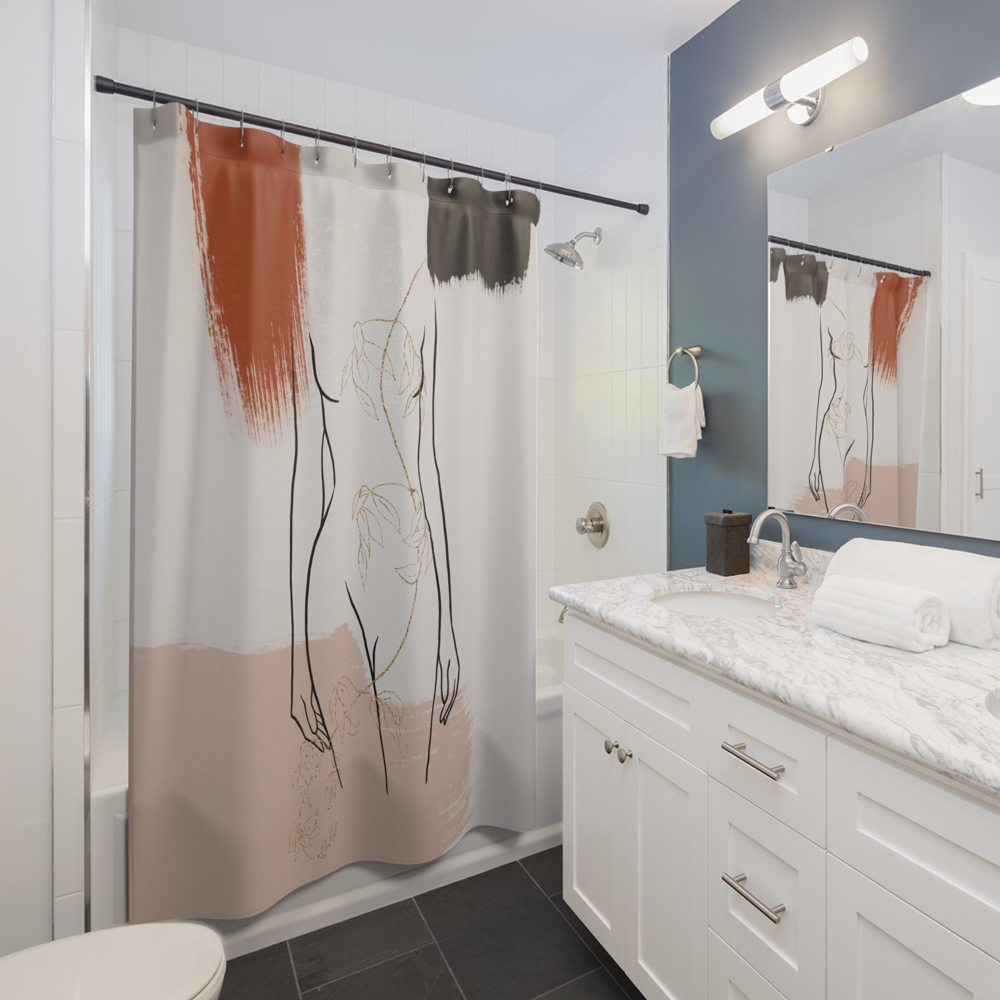 Boho Shower Curtain | Black Line Art Female Silhouette