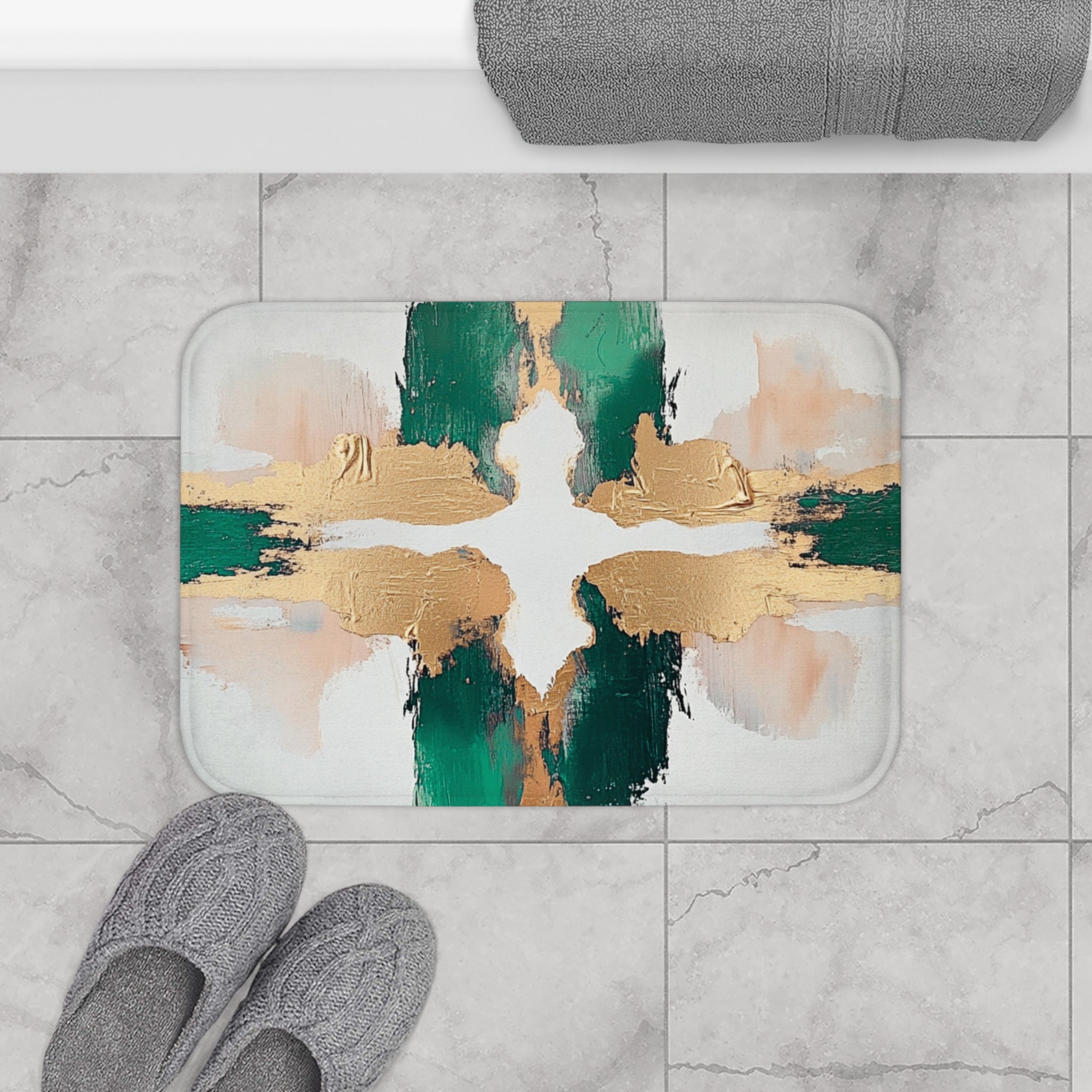 Abstract Bath Mat | Green White, Muted Gold Beige Kitchen Mat