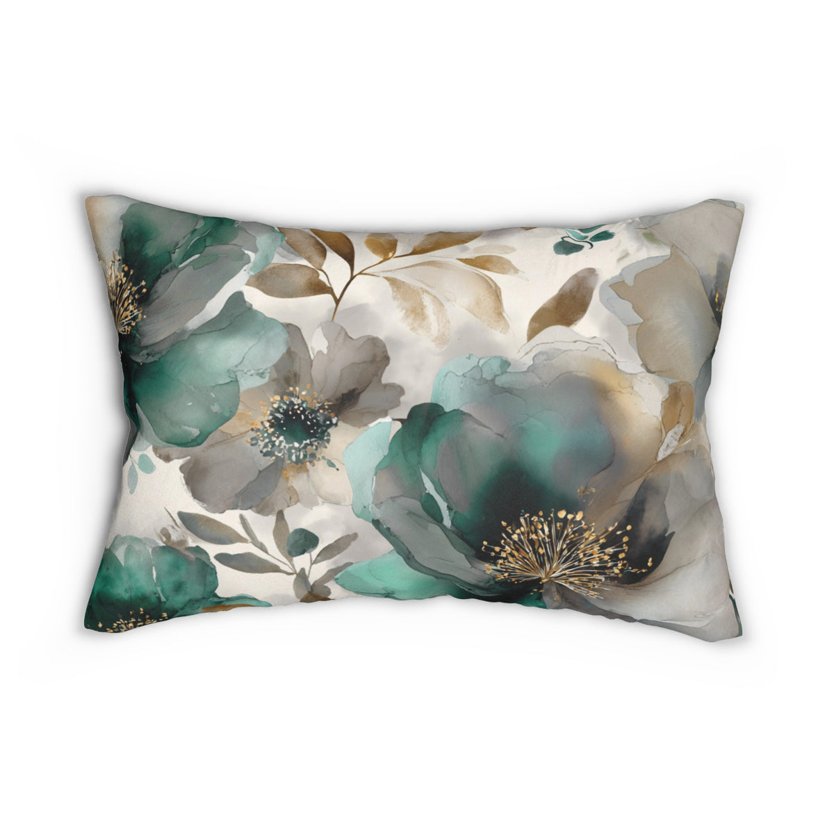 a decorative pillow with a floral pattern in shades of green, gray, and gold.