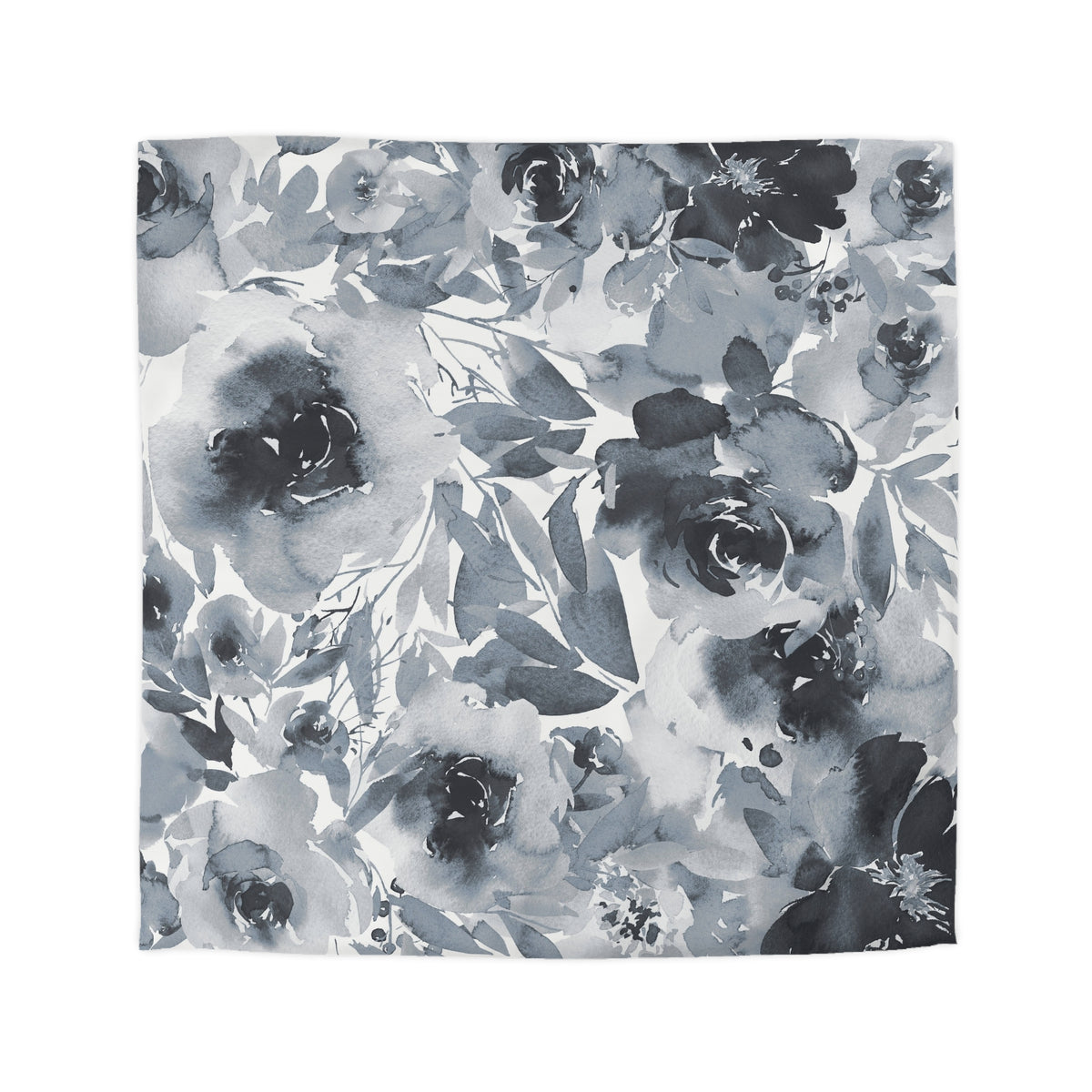 a square-shaped floral pattern with a predominantly black and white color scheme. The pattern consists of various flowers and leaves in shades of gray and black, creating a visually striking and intricate design.