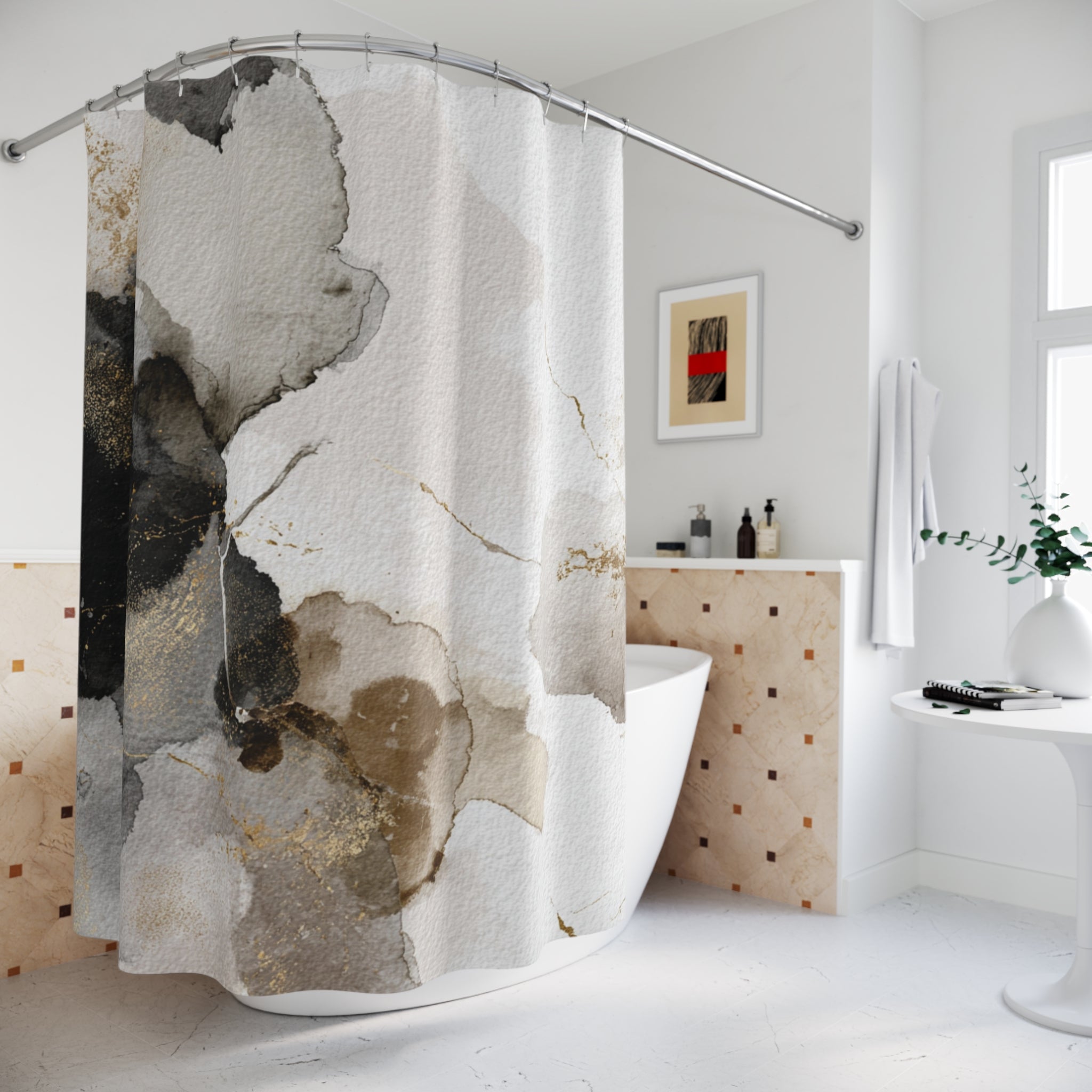 a modern bathroom with a white bathtub, a shower curtain with a unique abstract design, and a framed artwork on the wall.