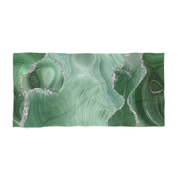 Abstract Bath Beach Towel | Sage Green, Silver Ombre Marble Print