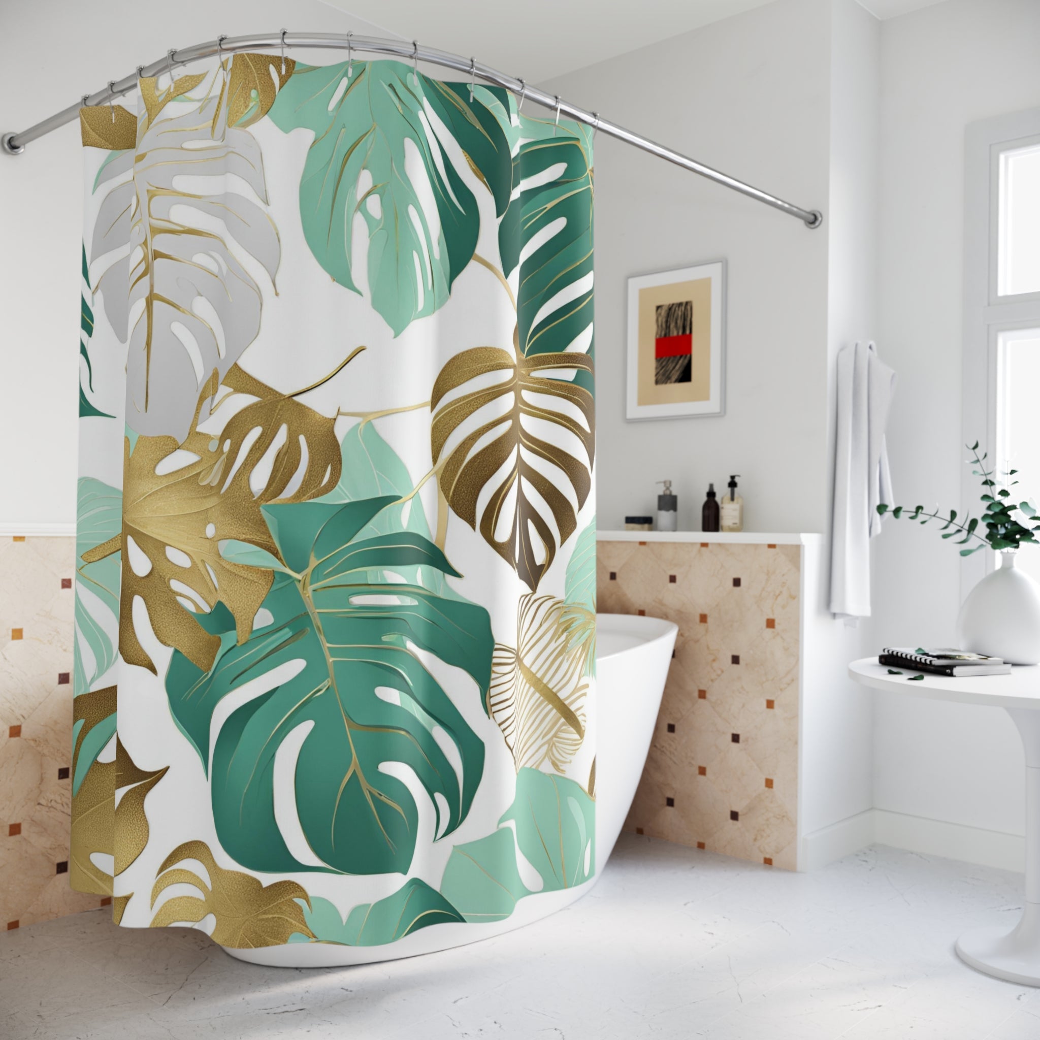 Boho Shower Curtain | Jungle Monstera Leaves, Mint Aqua Green