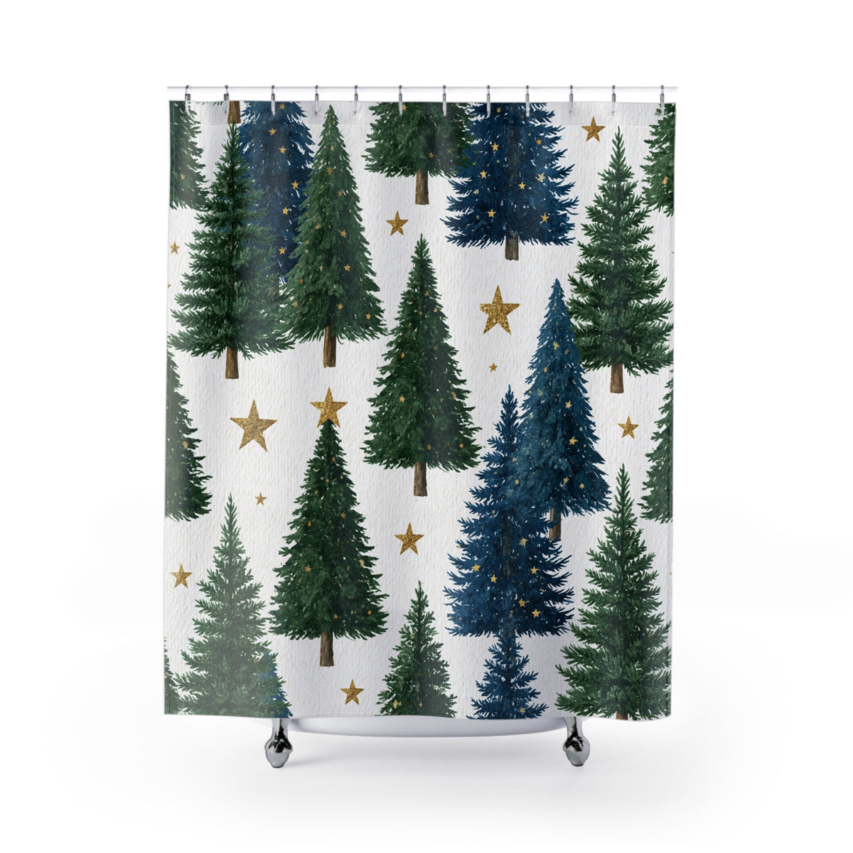 Green Blue Christmas Pines Shower Curtain, Bath Curtain 71x74
