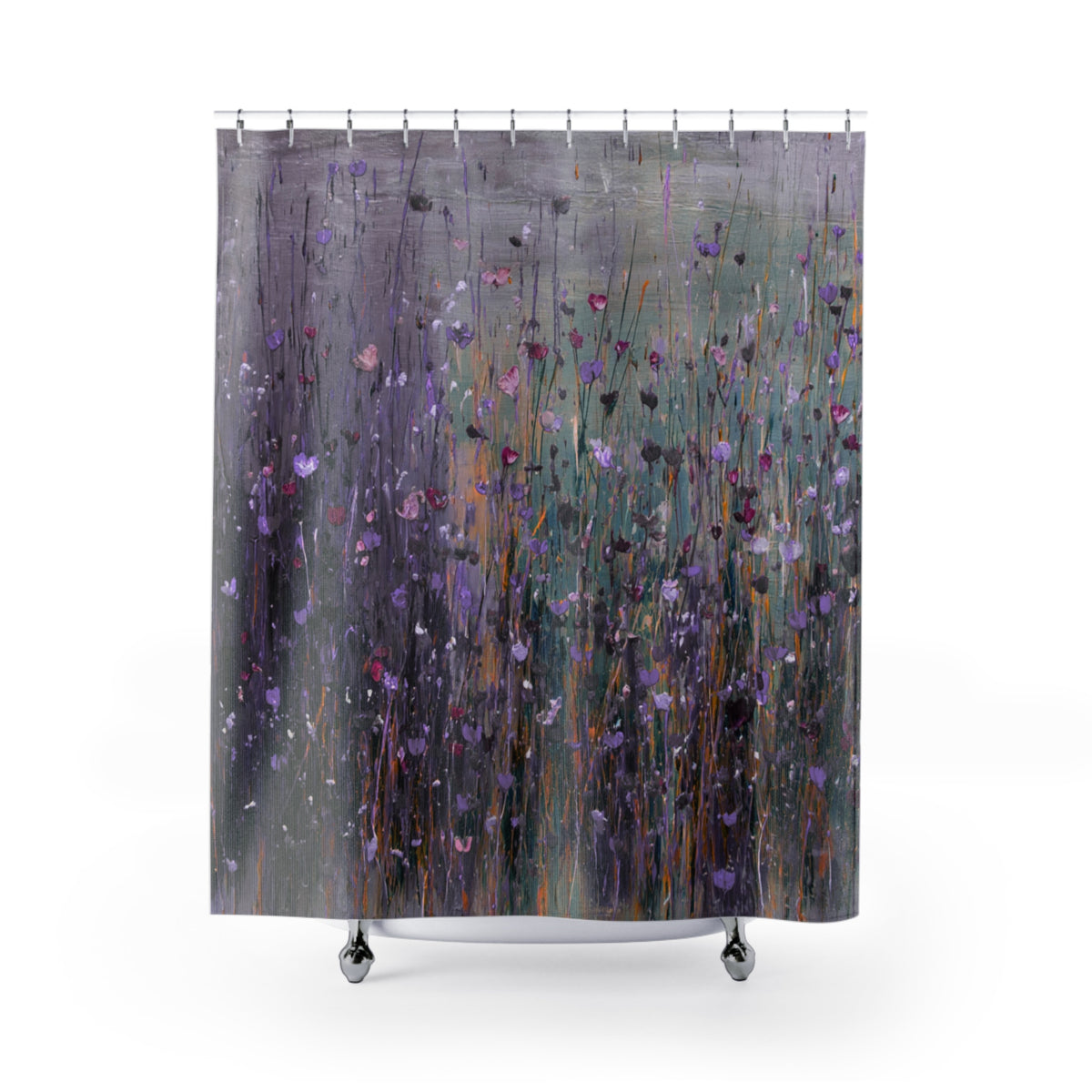 a vibrant abstract painting of purple flowers, with the flowers appearing to be in motion and scattered throughout the canvas.