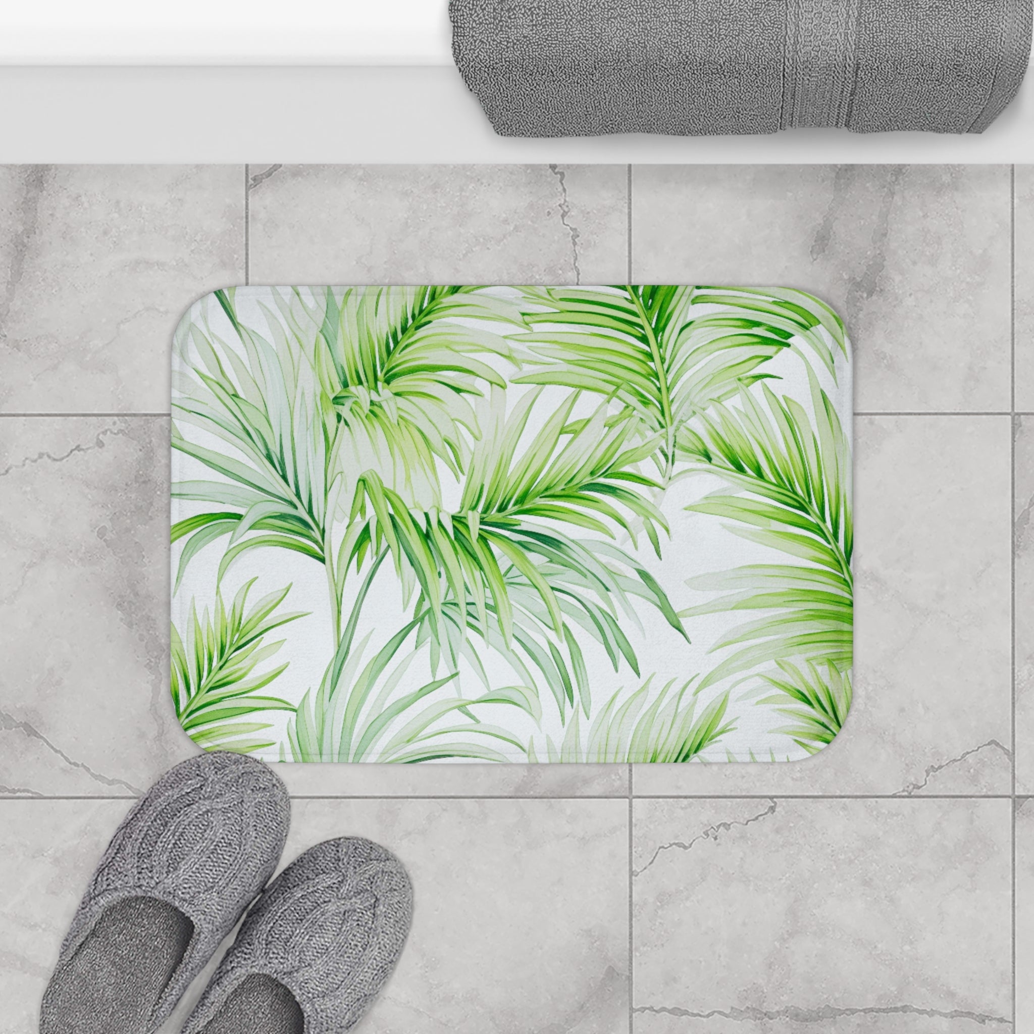 Jungle Leaves Bath Mat | Sage Green Palm, Kitchen Mat