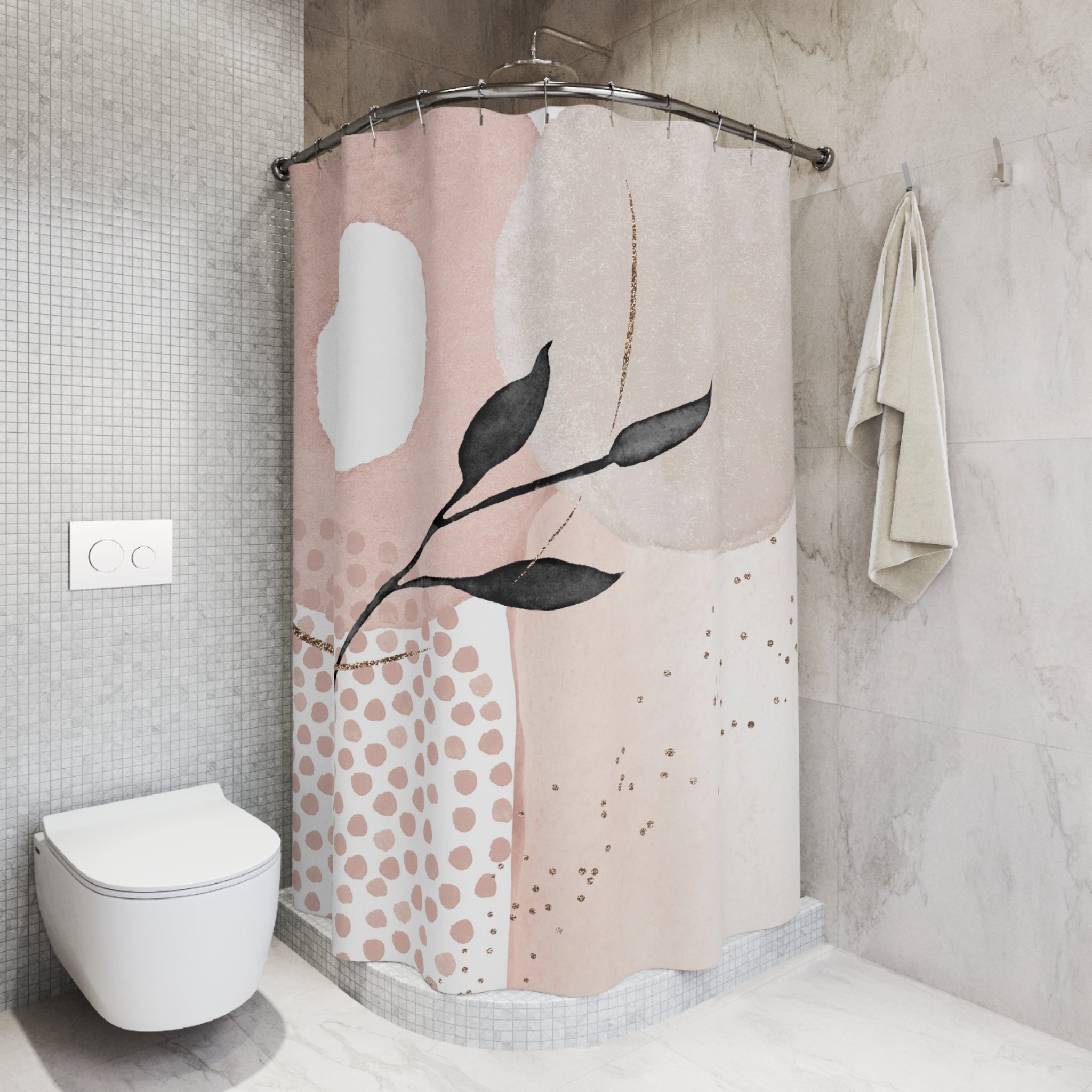 Boho Abstract Shower Curtain | Blush Pink, Grey Black Leaf