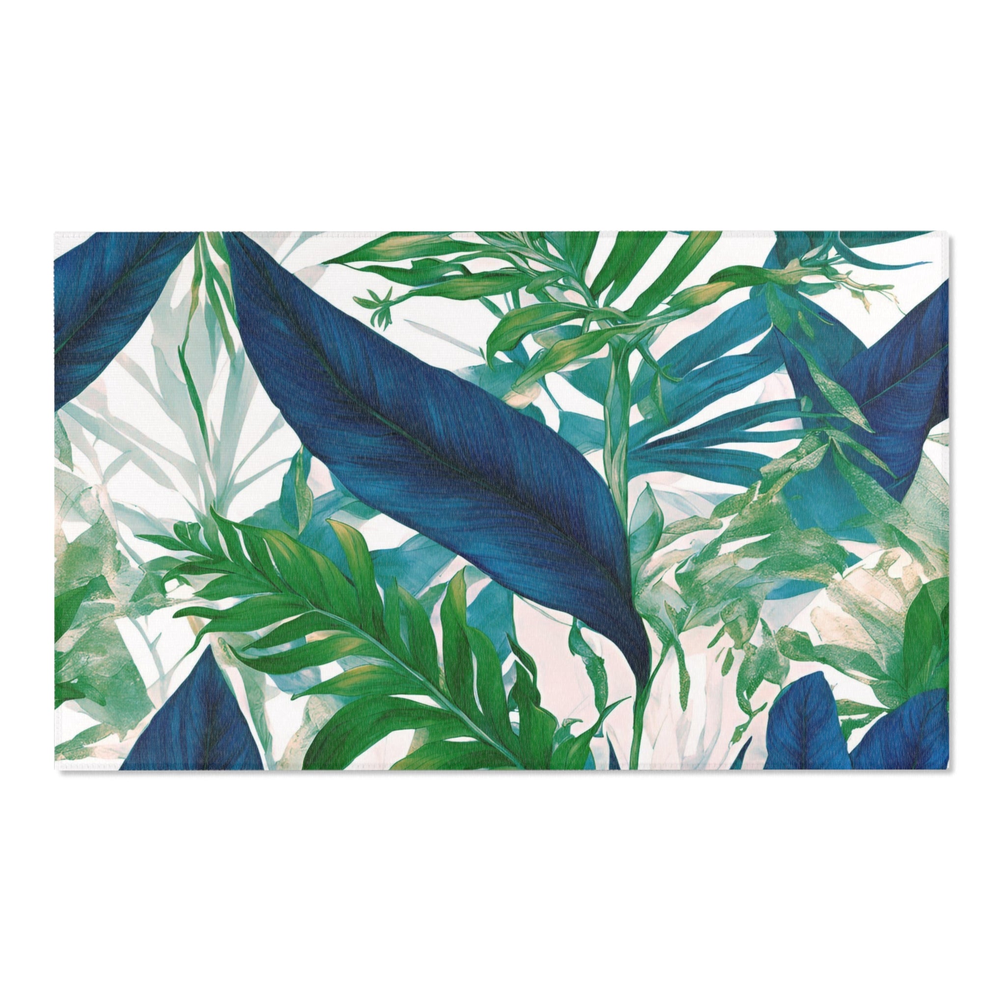 Tropical Floral Area Rug | Coastal Indigo Blue, Emerald Green