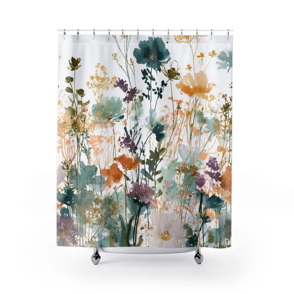 Teal Orange Boho Wildflower Shower Curtain, Bath Curtain 71x74