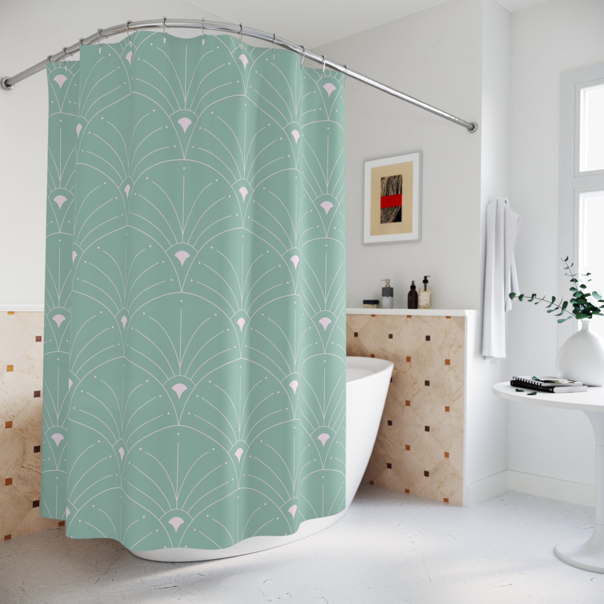 Art Deco Shower Curtain | Teal Sage Green, White Fan Bath Curtain