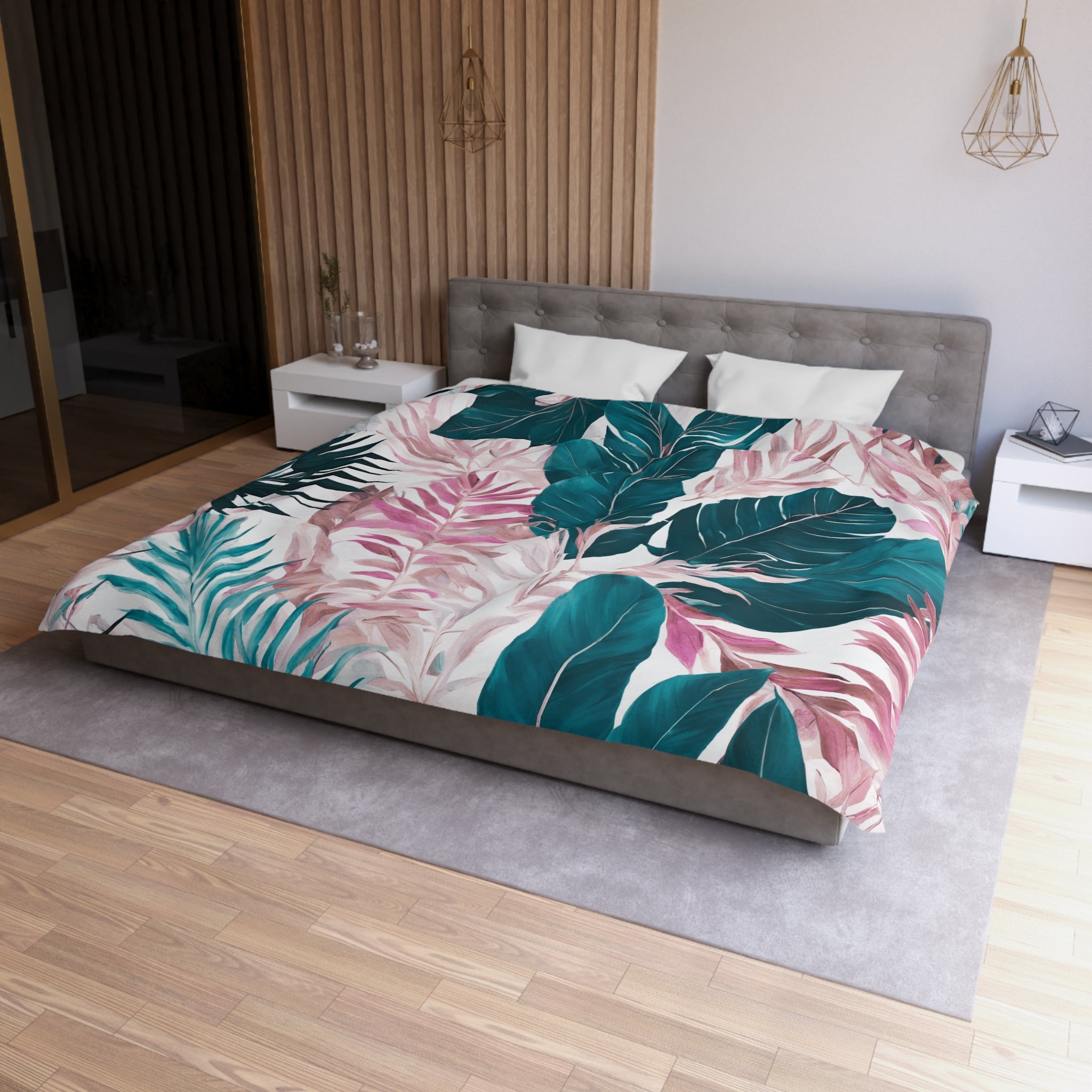 Floral Duvet Cover | Pink, Teal Tropical Jungle Leaves Bedding Decor