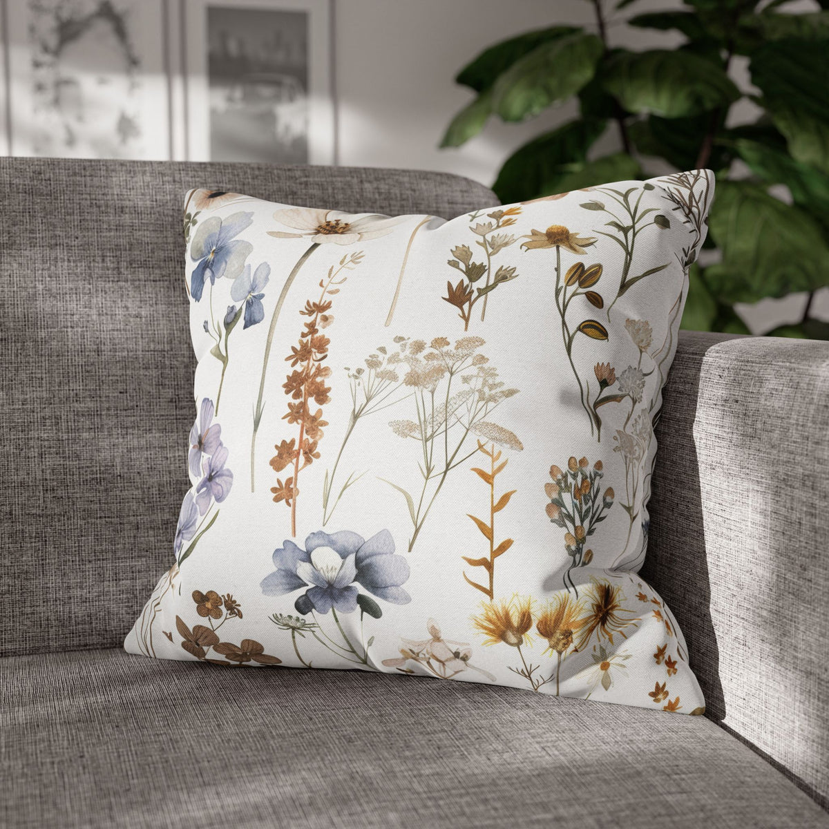 Tan and Lavender Blue Wildflower Pillow Cover