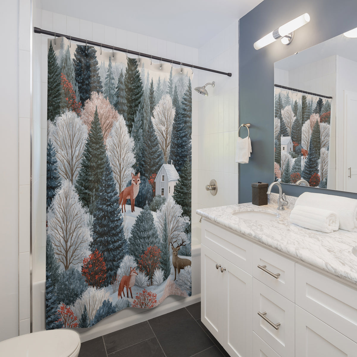 Fox Cabin Winter Woodland Shower Curtain, Bath Curtain 71x74