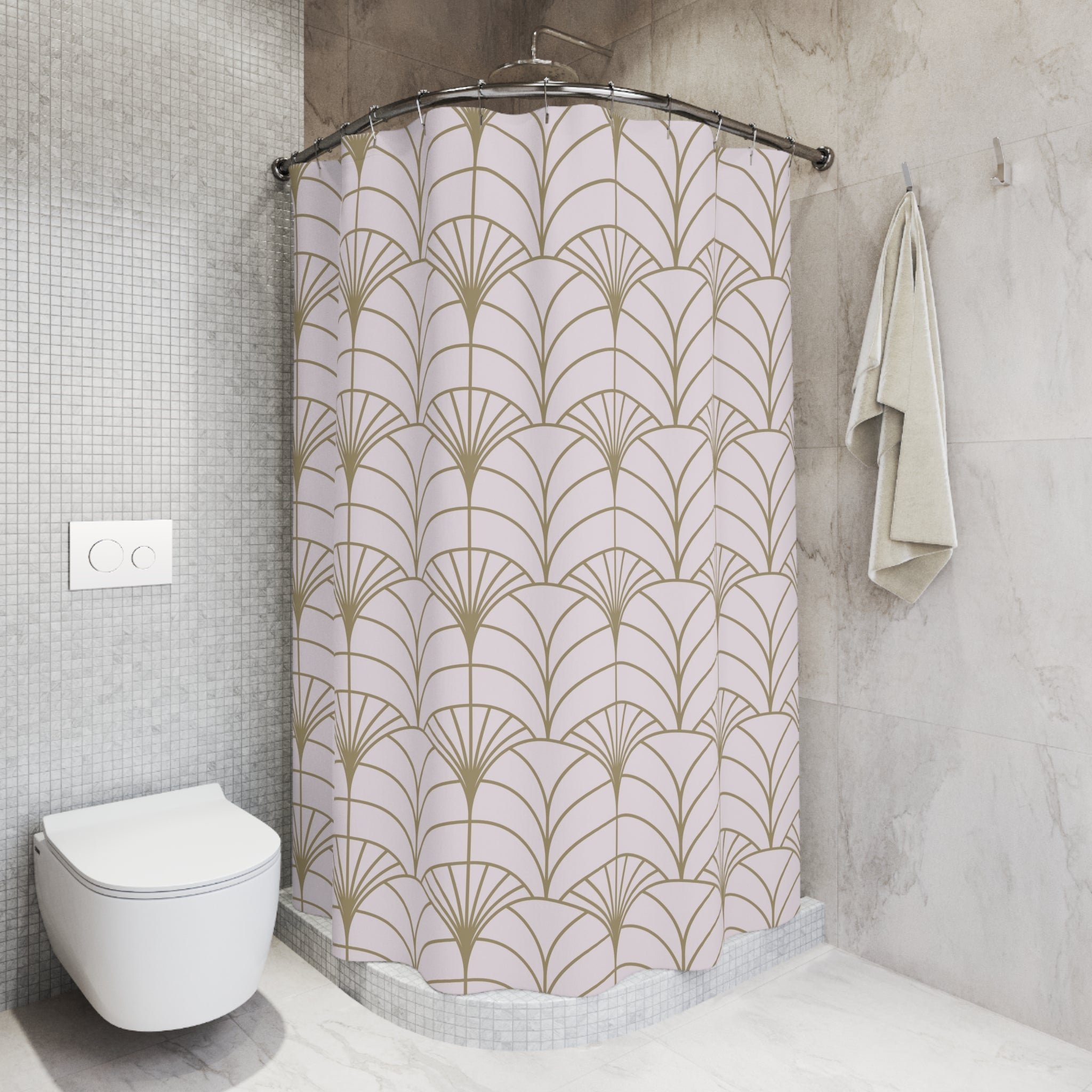 a bathroom with a shower curtain adorned with a repeating pattern of pink and gold feathers. The shower curtain is hanging on a rod next to a towel. The bathroom also includes a toilet and a sink.
