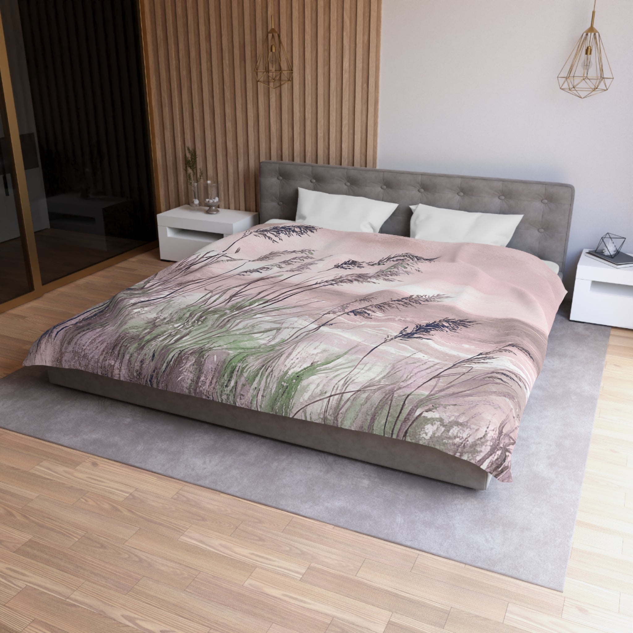Costal Beach Duvet Cover | Blush Pink, Green Ocean Bedding Boho Decor