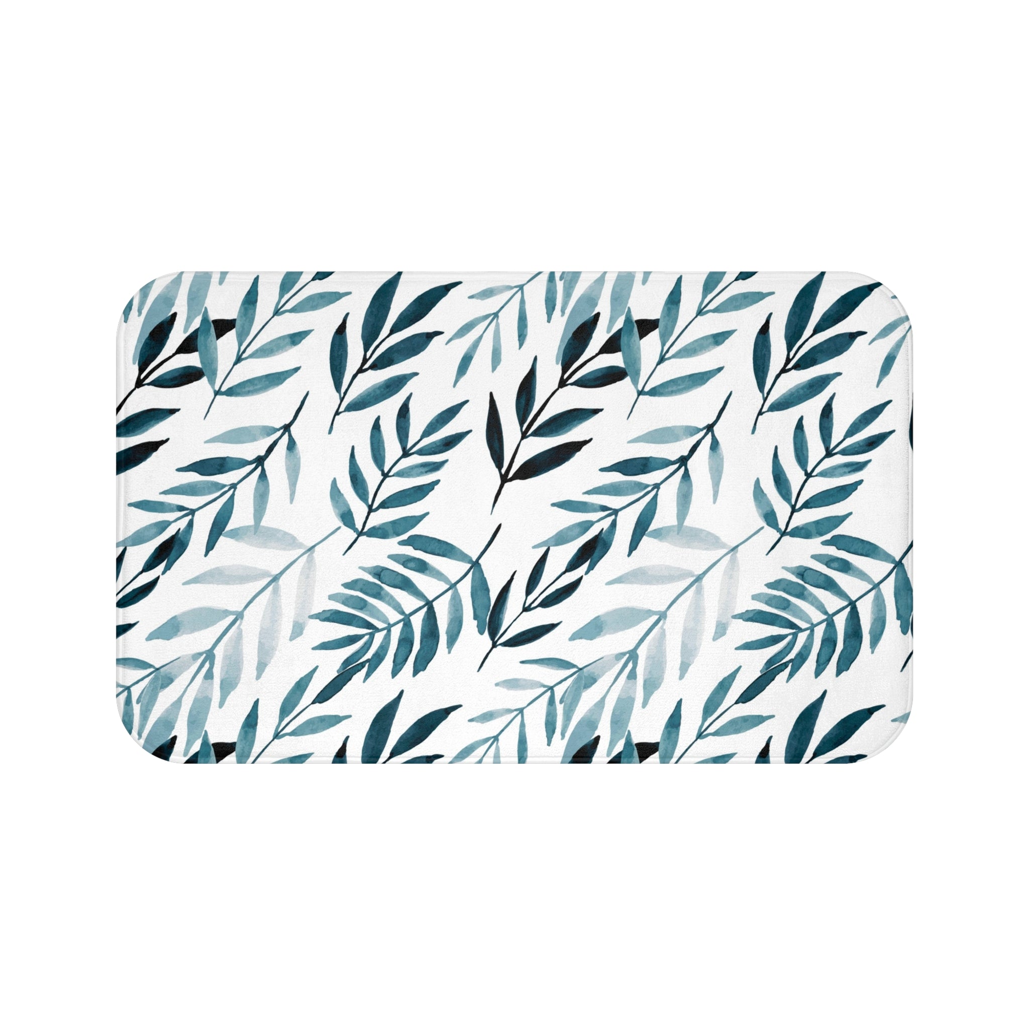 Boho Kitchen, Bath Mat | Floral White, Navy Leaves