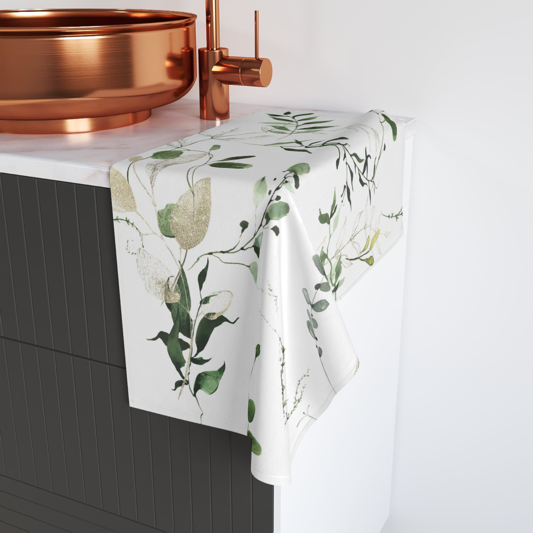 Floral Boho Kitchen, Bath Hand Towel | Watercolor White Forest Green Leaves