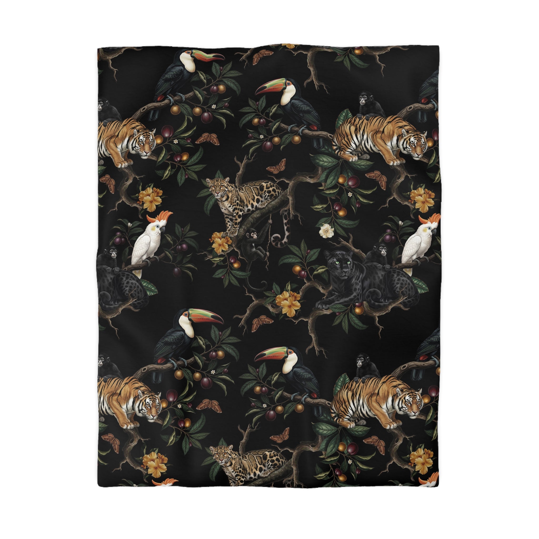 a repeating pattern of various animals, including a tiger, a parrot, a lion, and a monkey, against a dark background with leaves and flowers.