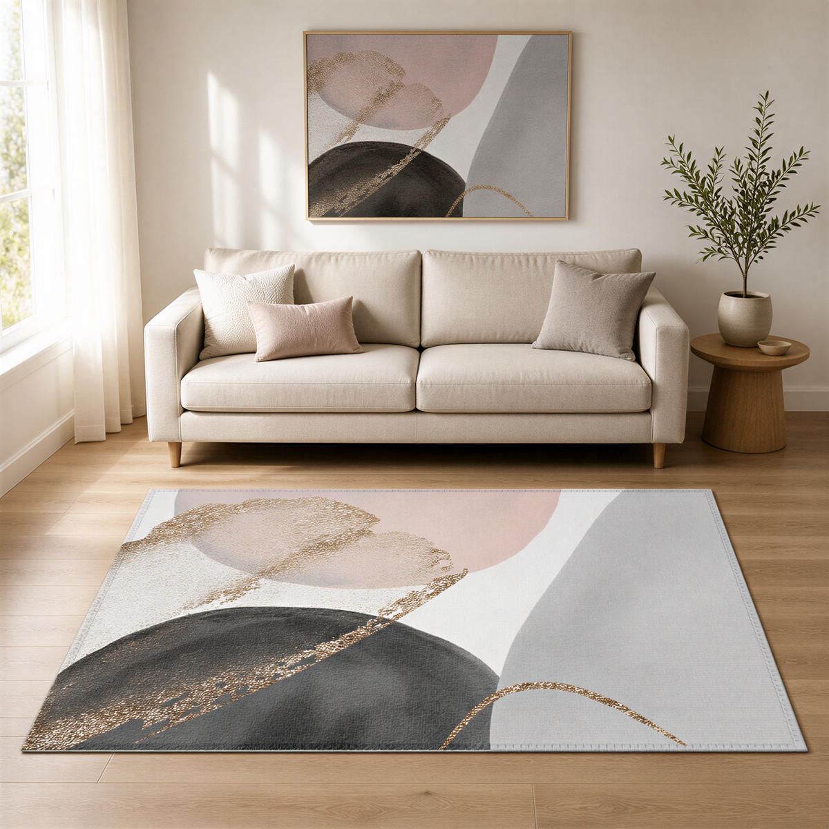 a living room with a beige sofa, a large abstract rug with a geometric design, and a framed artwork on the wall.