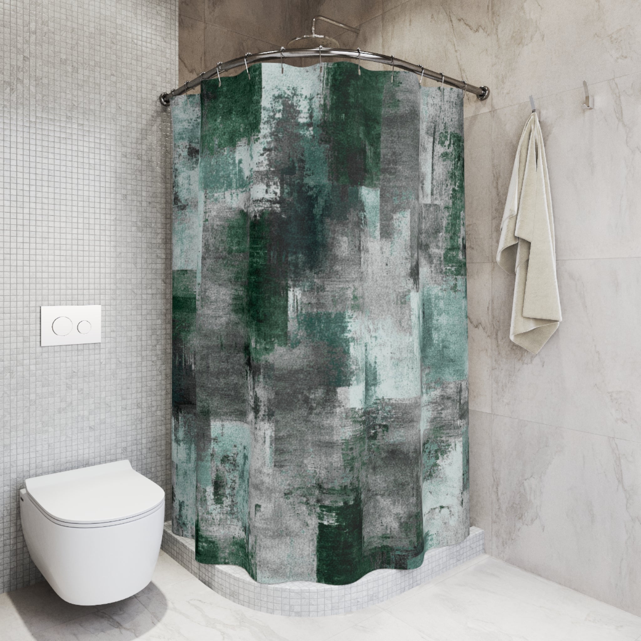 Green Shower Curtain | Flowy Fabric, Abstract Bathroom Decor