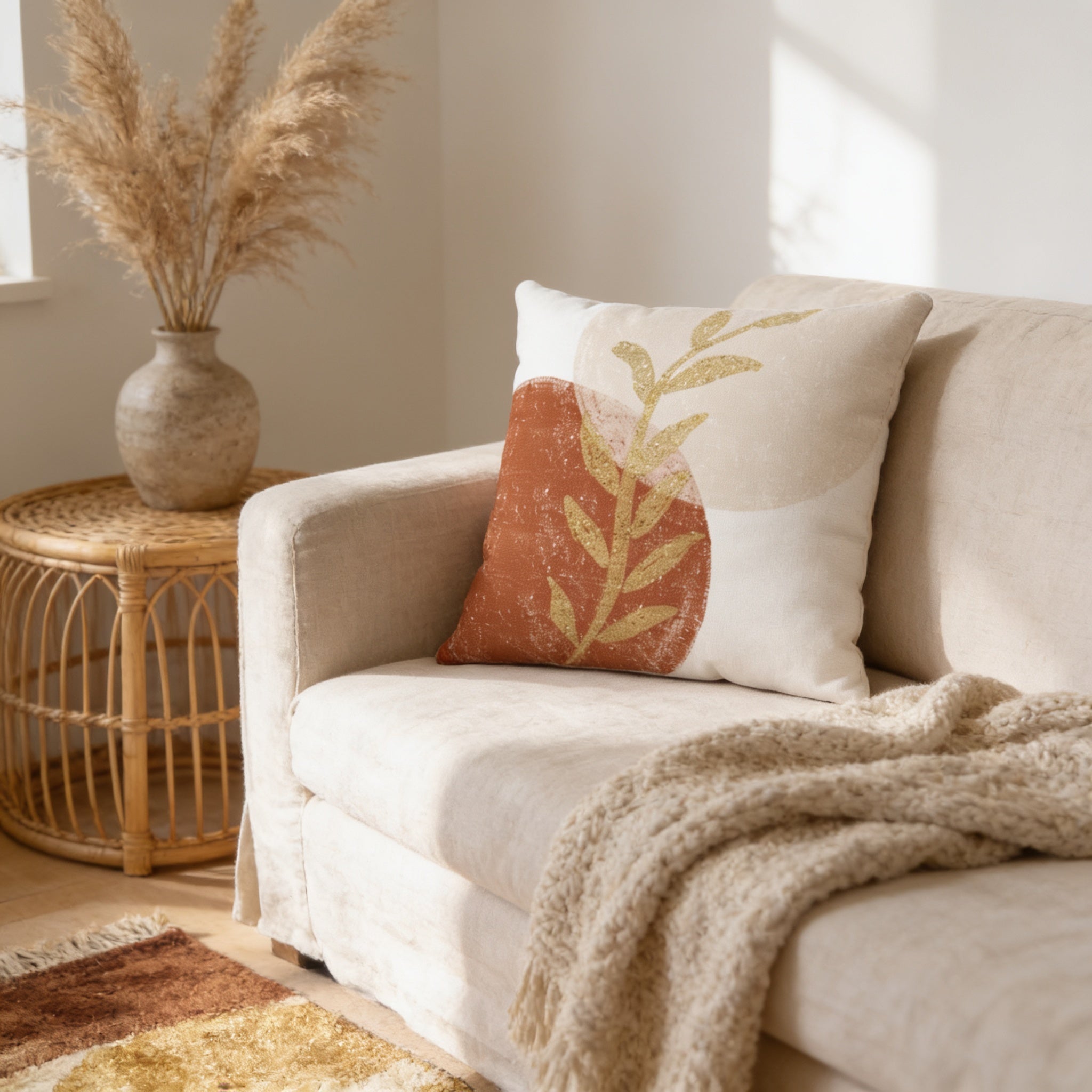 a cozy living room with a beige sofa, a decorative pillow with a leaf design, and a woven side table with a vase of dried flowers.