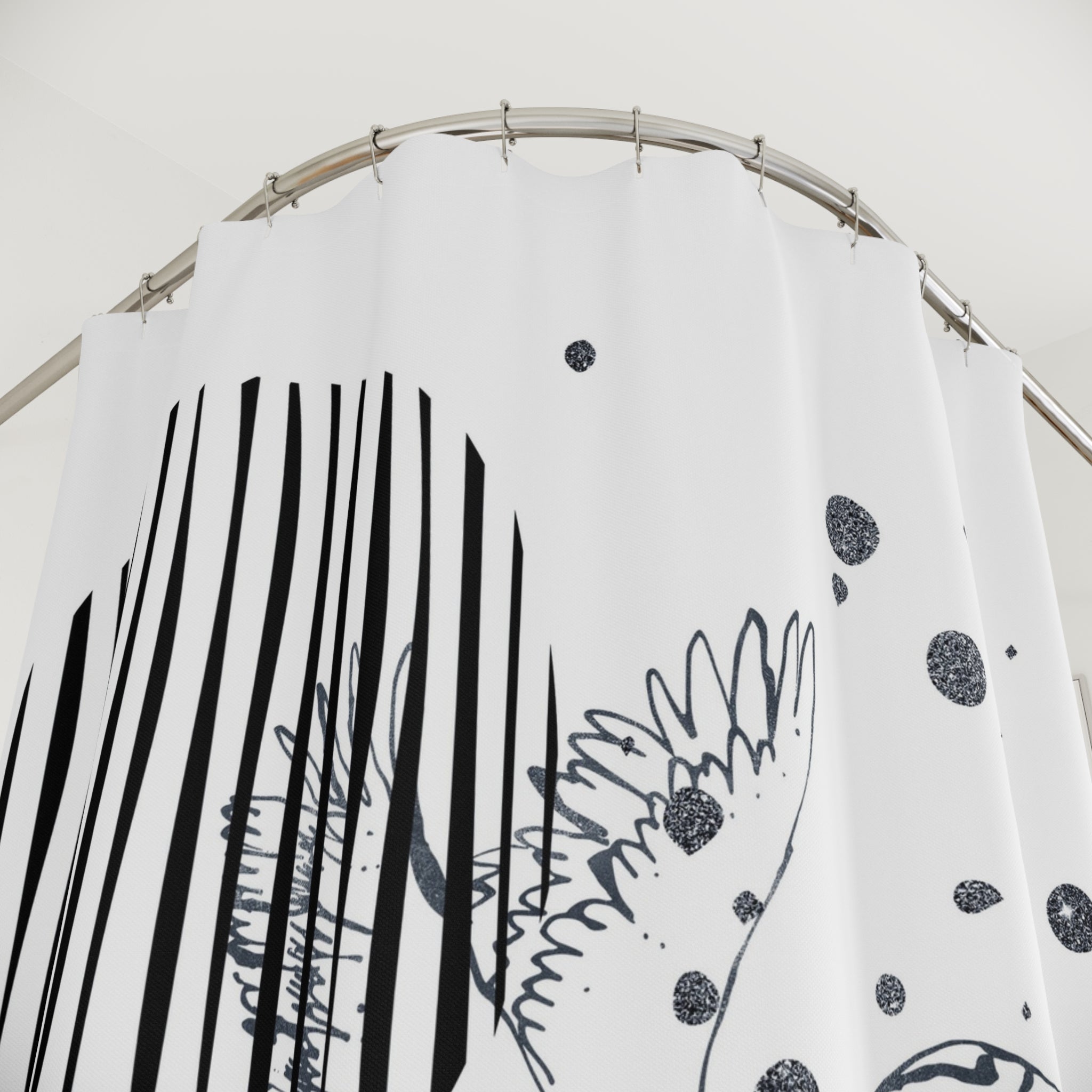 Boho Shower Curtain | Crane Bird, White Grey Black