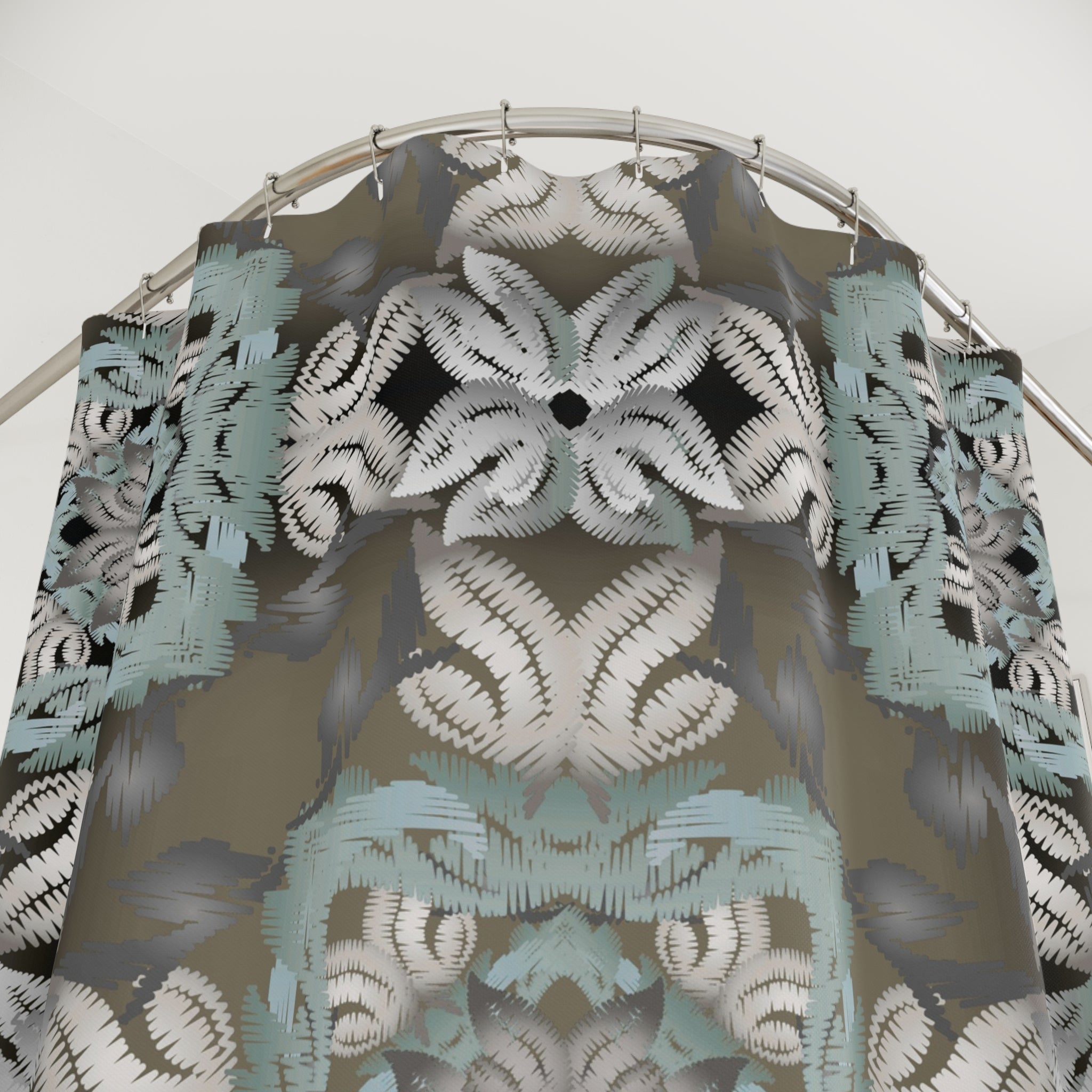 Boho Shower Curtain | Geometric Moroccan Grey Blue Fabric Curtain