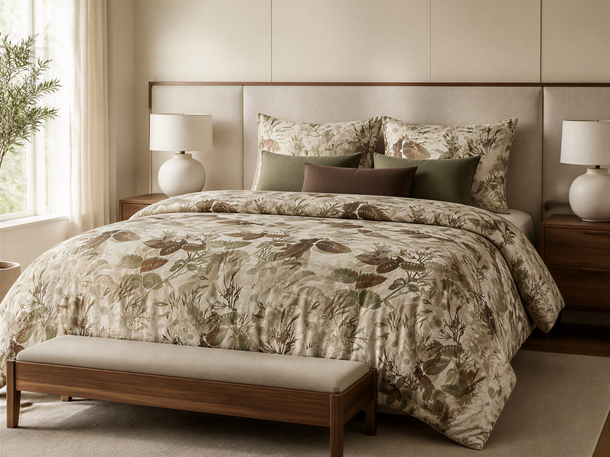 a well-decorated bedroom with a large bed, a wooden bench, and two lamps on nightstands. The bed is covered in a floral print comforter and pillows, creating a cozy and inviting atmosphere.