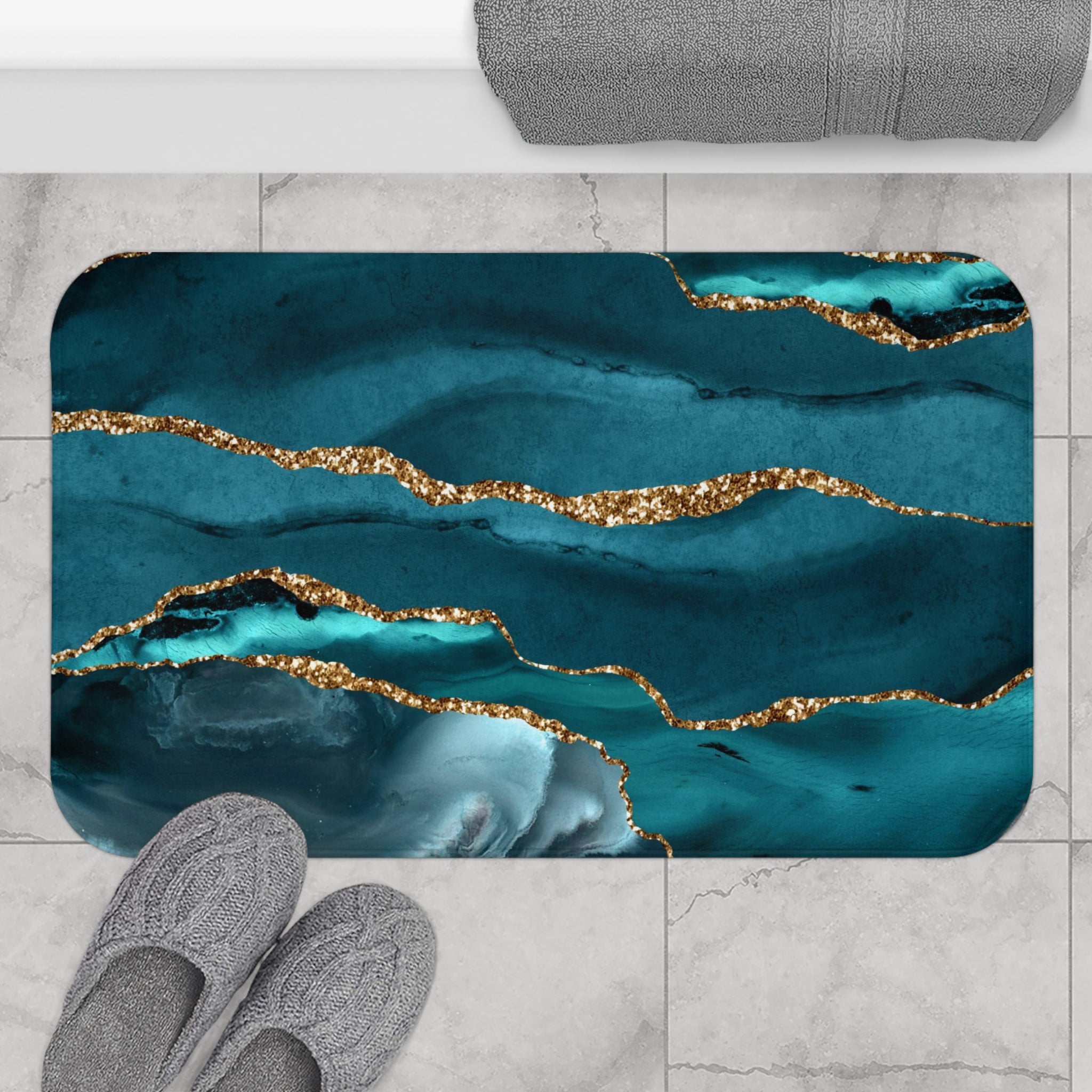 Teal Blue Bath Mat | Agate Marble Print Kitchen Mat