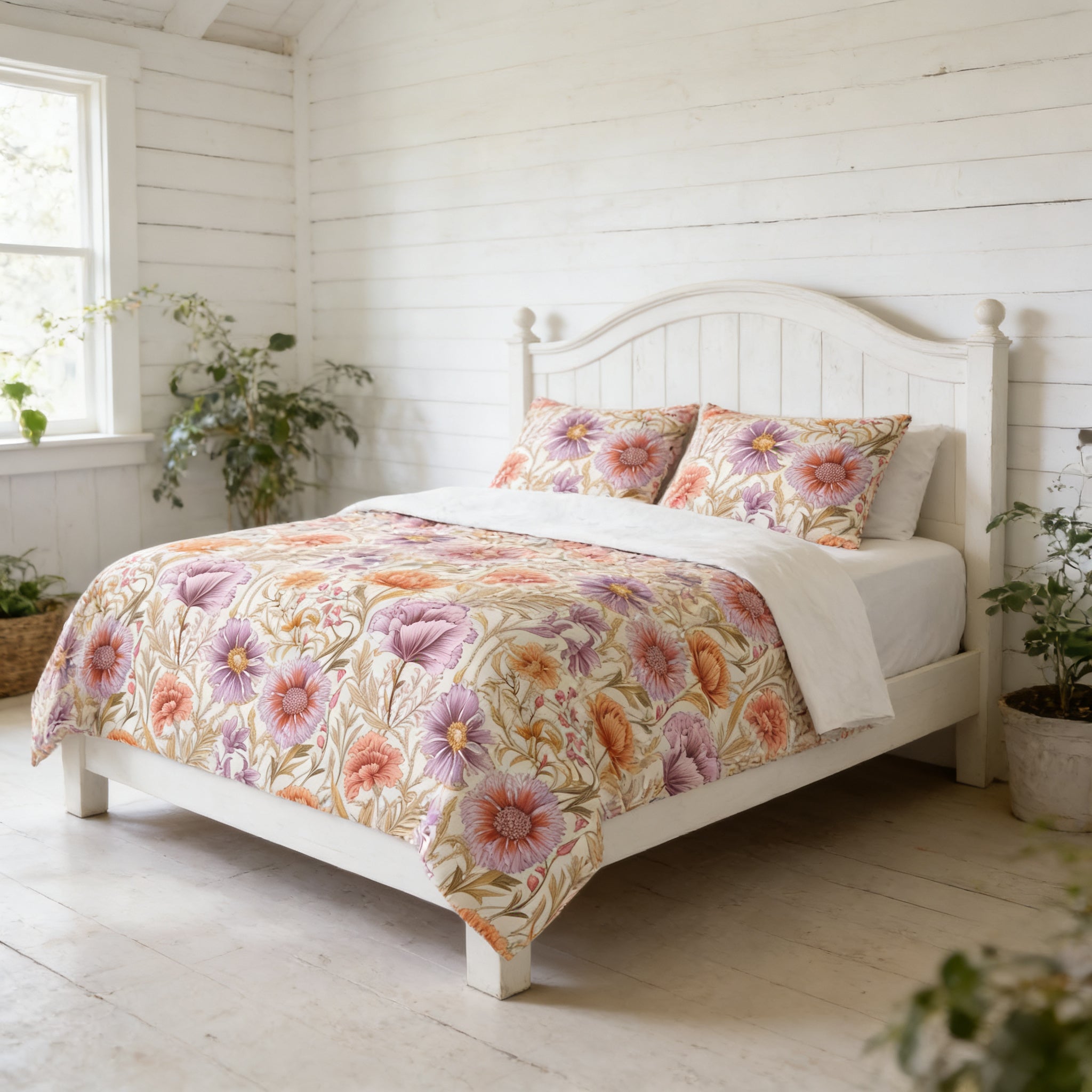 a cozy bedroom with a white wooden bed frame, a floral comforter, and a white headboard. The room has a rustic, country-style decor with wooden walls and a window. There are several potted plants in the room, adding a touch of greenery and natural elements to the space.