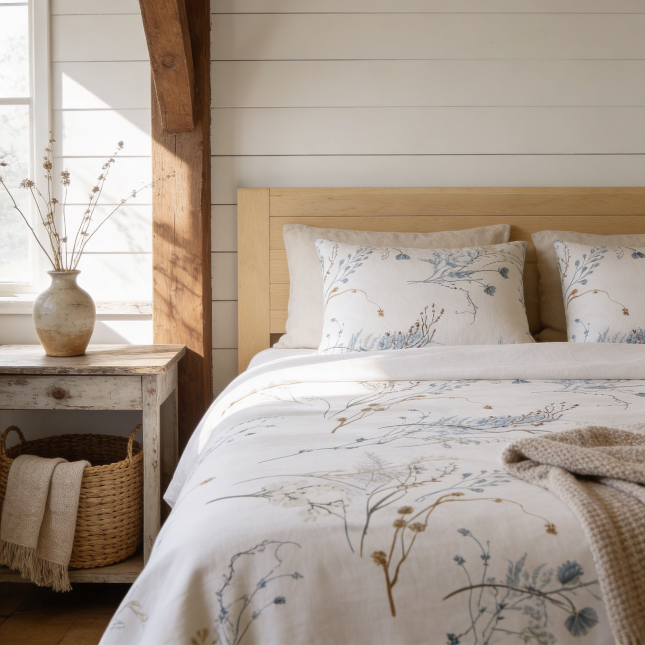 a cozy bedroom with a bed, a wooden headboard, and a window. The bed is covered in a white and blue floral comforter, and there are two pillows with similar floral patterns. A basket is placed on the bedside table, and a vase with flowers is also present in the room.