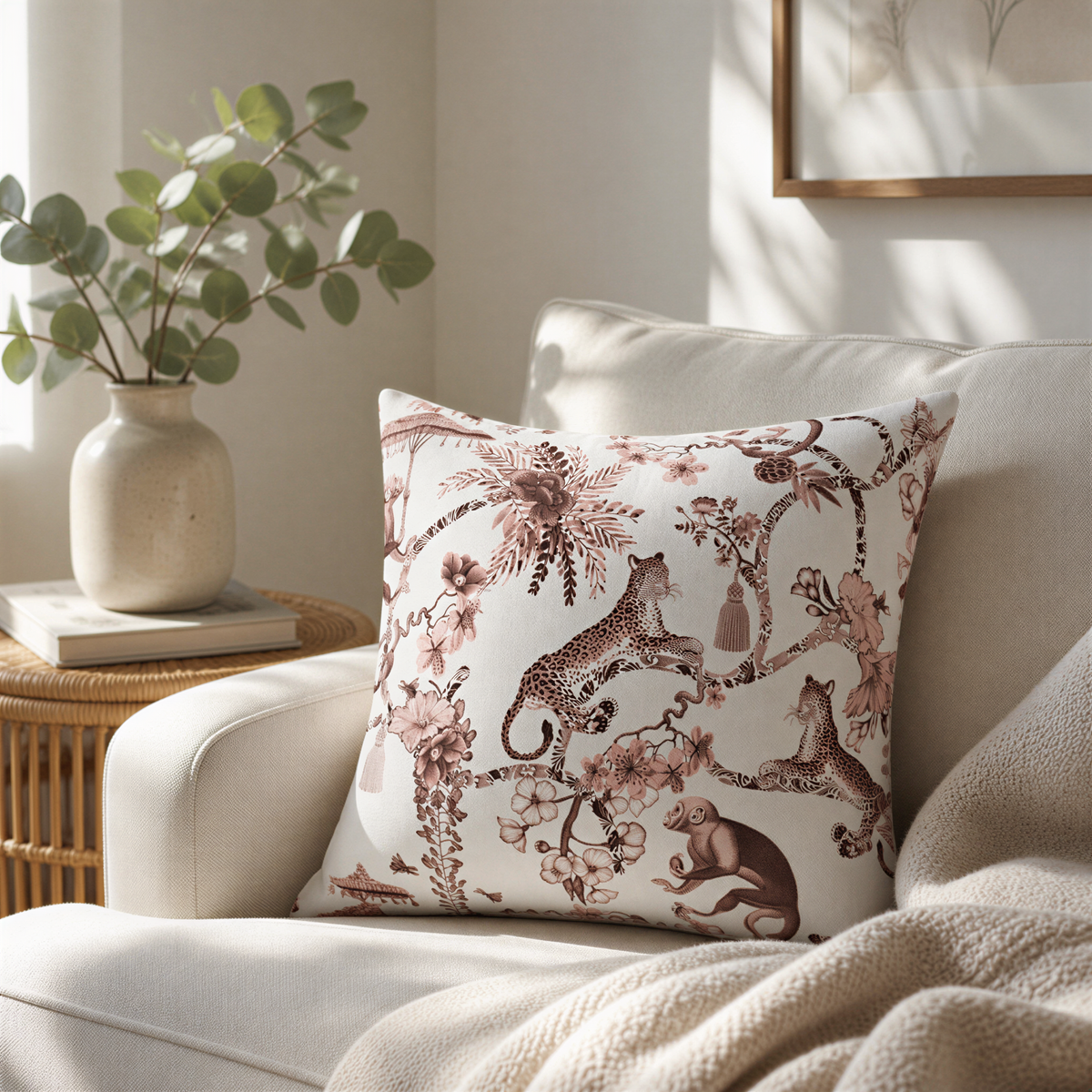a cozy living room with a white sofa, a decorative pillow with a floral pattern, and a potted plant on a wooden side table.