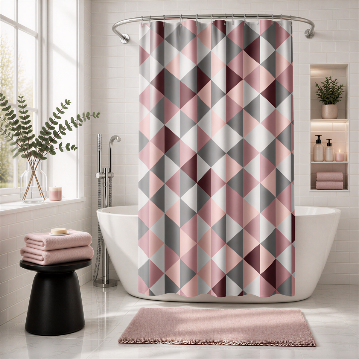 a modern bathroom with a geometric patterned shower curtain, a white bathtub, and a pink rug. The bathroom is well-lit and features a window, plants, and a shelf with toiletries.