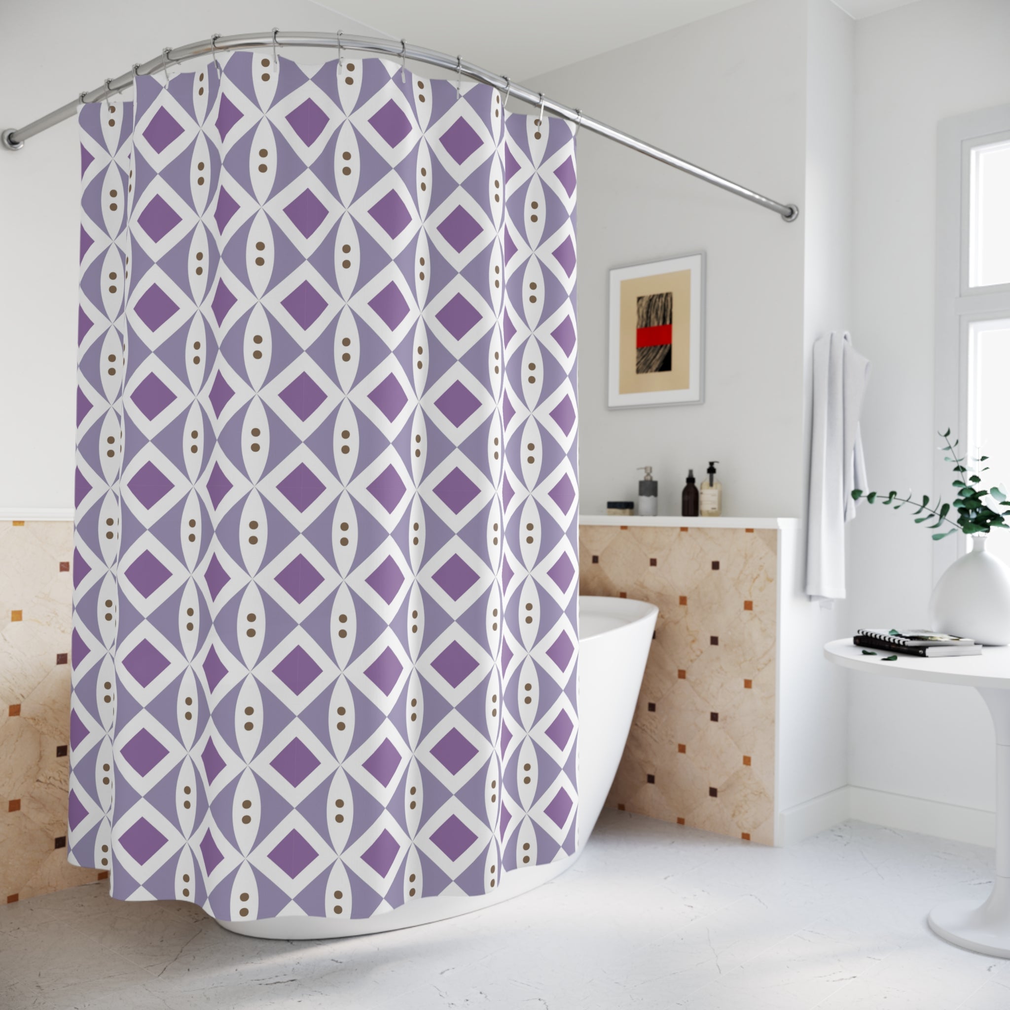 Minimalist Shower Curtain | Lilac Purple White Geometric Curtain