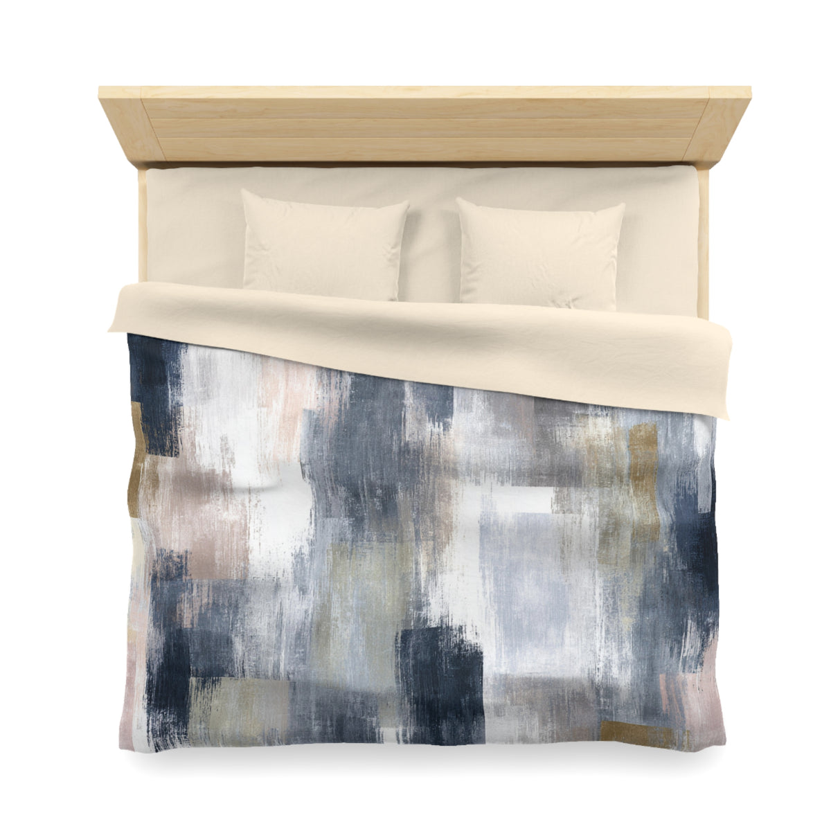 a bed with a wooden headboard and a comforter with an abstract painting design in shades of blue, gray, and white.