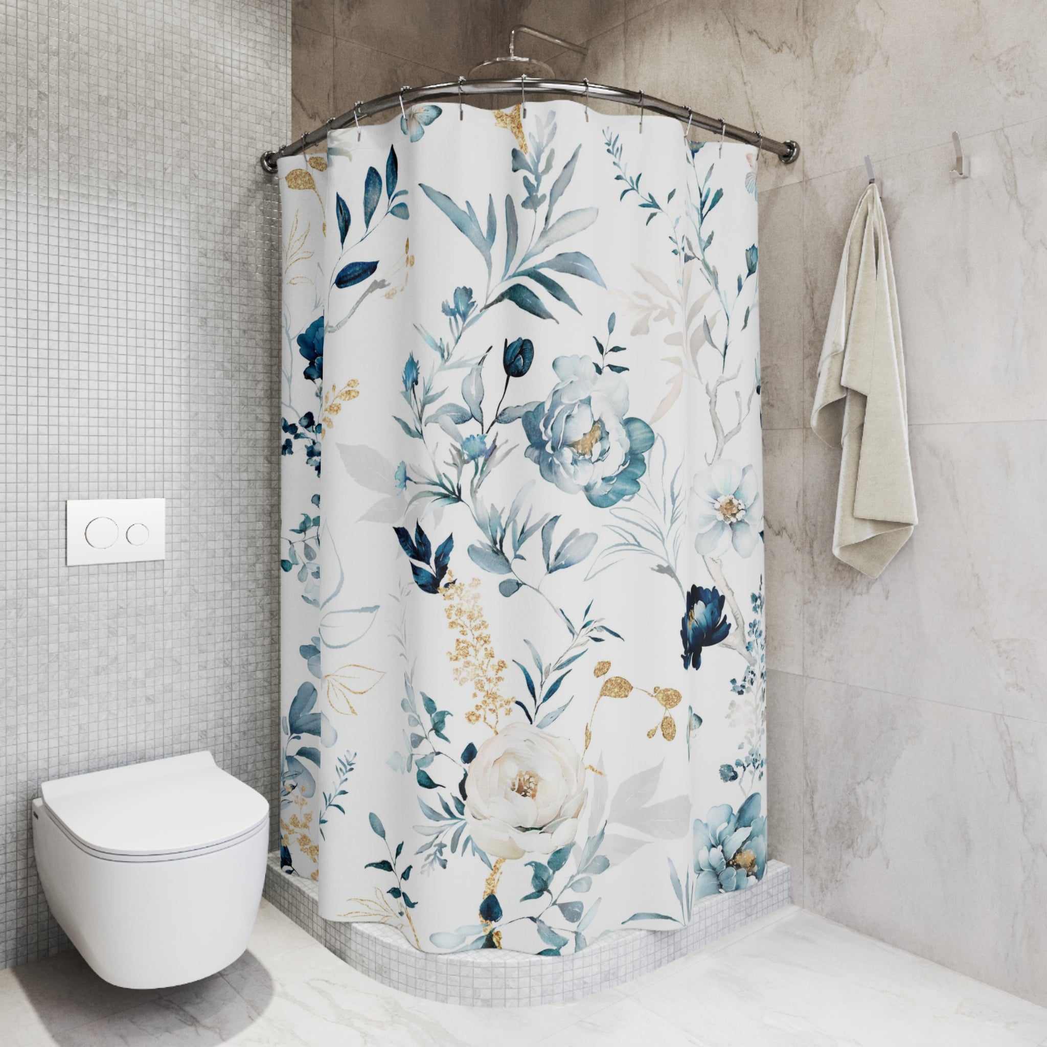 Boho Shower Curtain | White Navy, Pale Blue, Beige