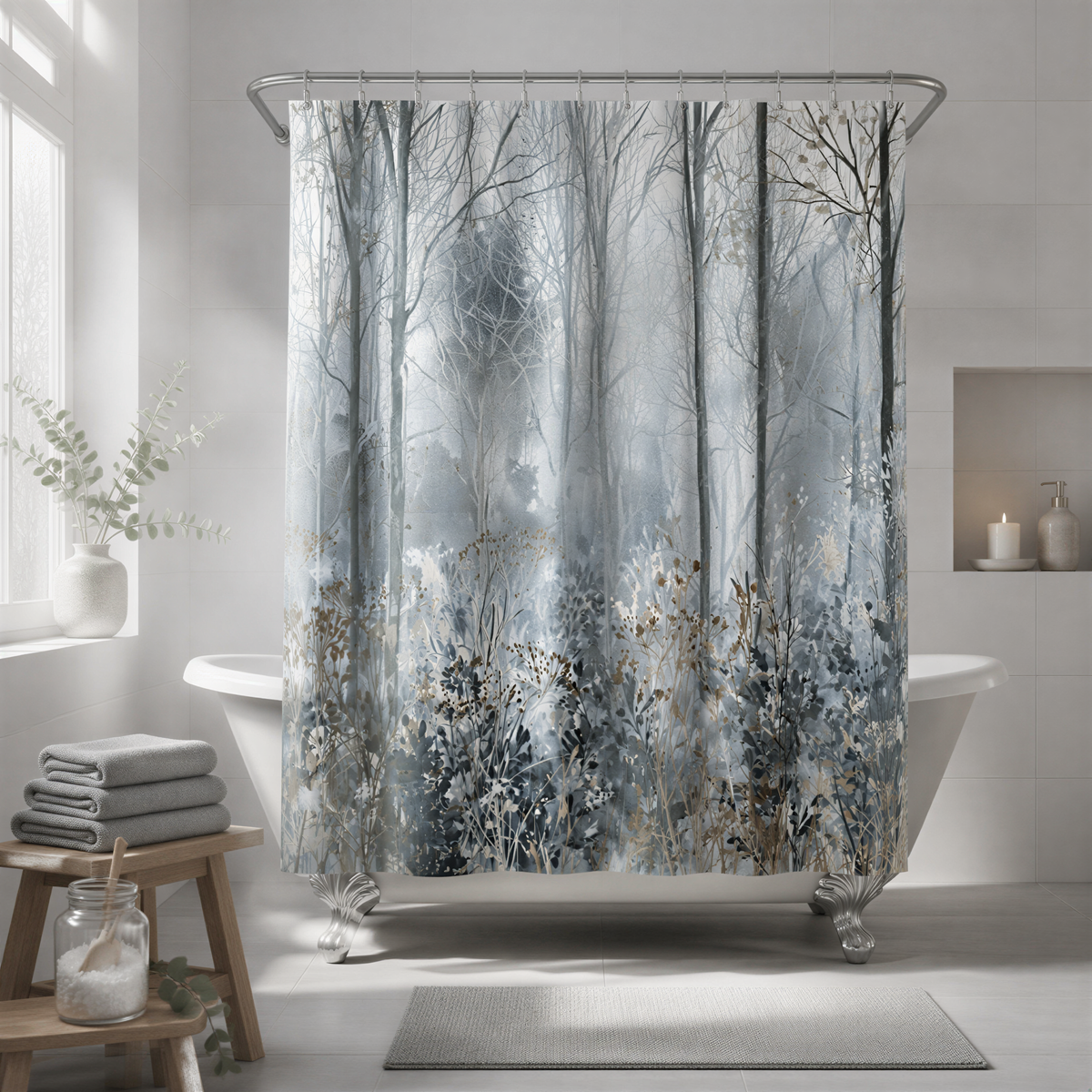 a bathroom with a white bathtub, a shower curtain featuring a forest scene, and a wooden stool.