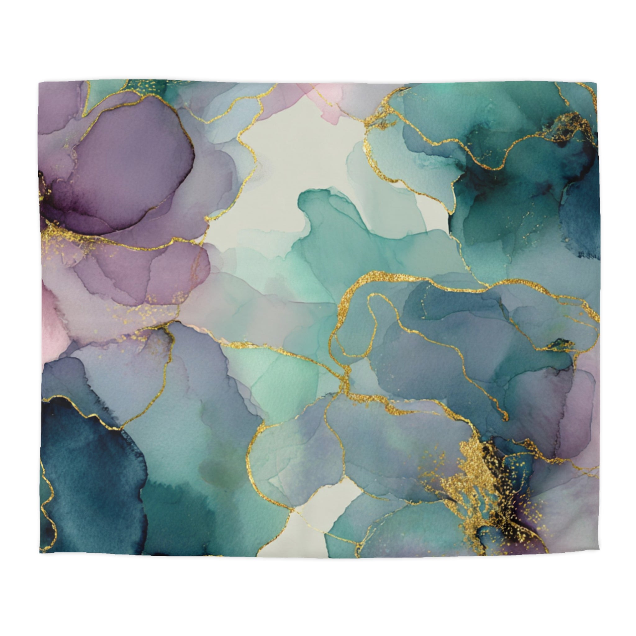 The image is a vibrant abstract painting with a mix of blue, green, purple, and gold colors. The painting features a variety of brushstrokes and textures, creating a dynamic and visually striking composition.