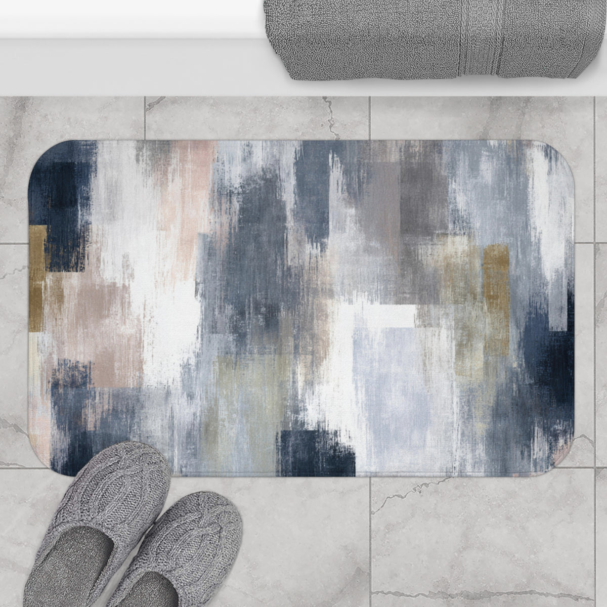 Navy Slate Blush Abstract Bath Mat, Modern Bathroom Rug