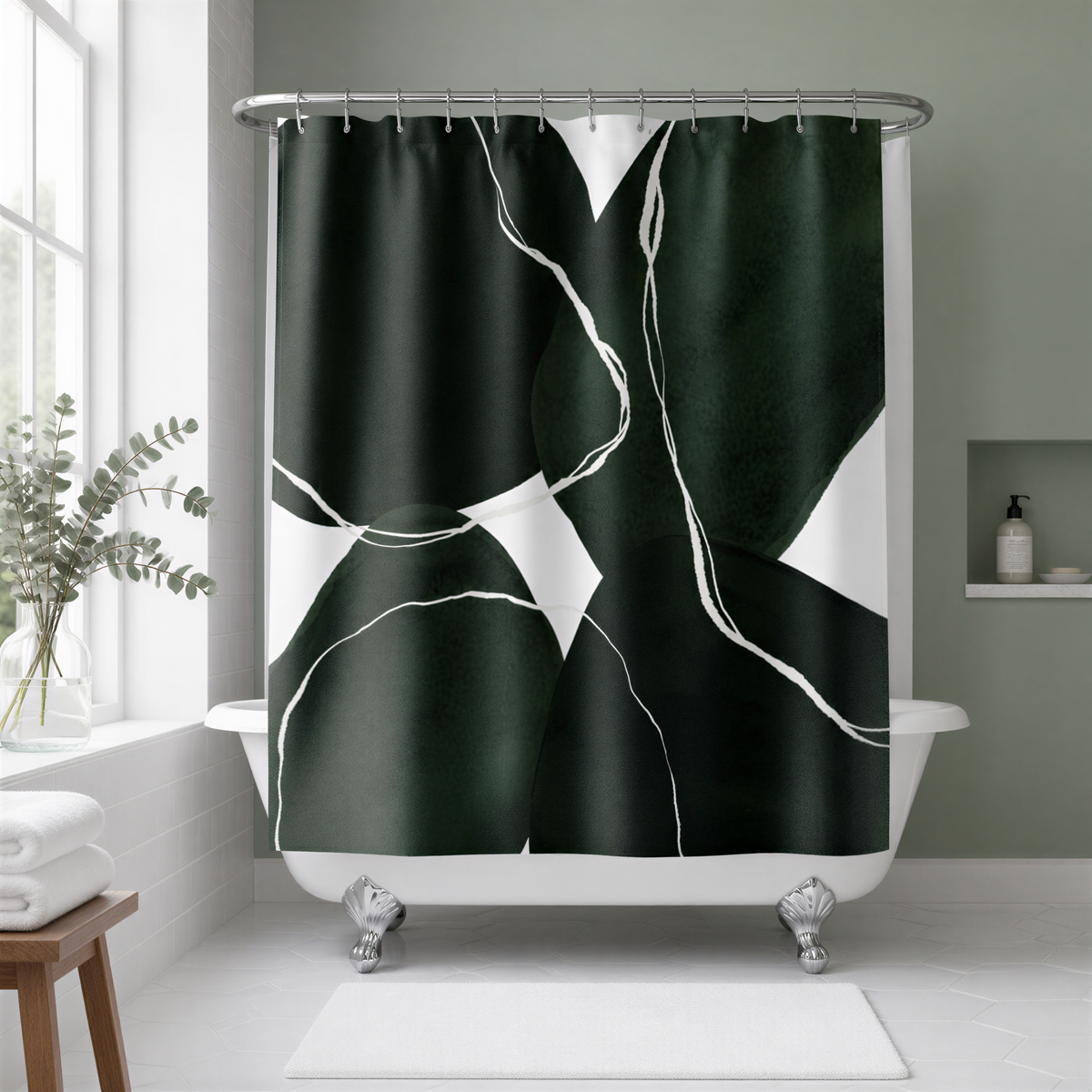 a bathroom with a white bathtub, a black and white abstract patterned shower curtain, and a small plant on the windowsill.