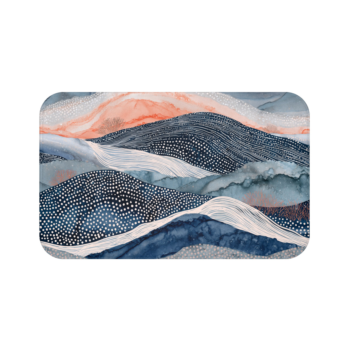 The image is a vibrant abstract landscape featuring a variety of colors and patterns, including shades of blue, orange, and white. The composition is dynamic and visually engaging, with a sense of movement and energy.