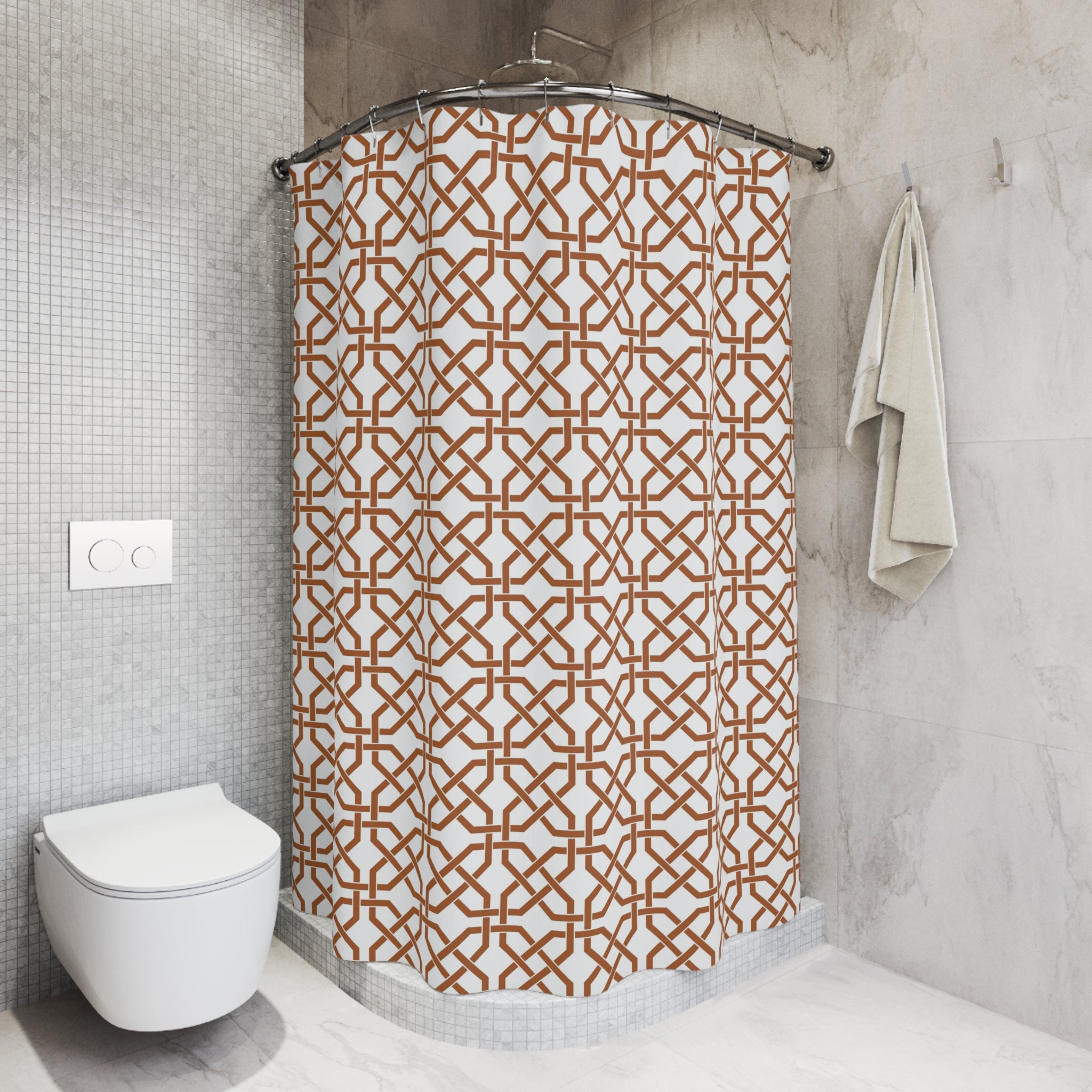 Boho Shower Curtain | White Brown Geometric
